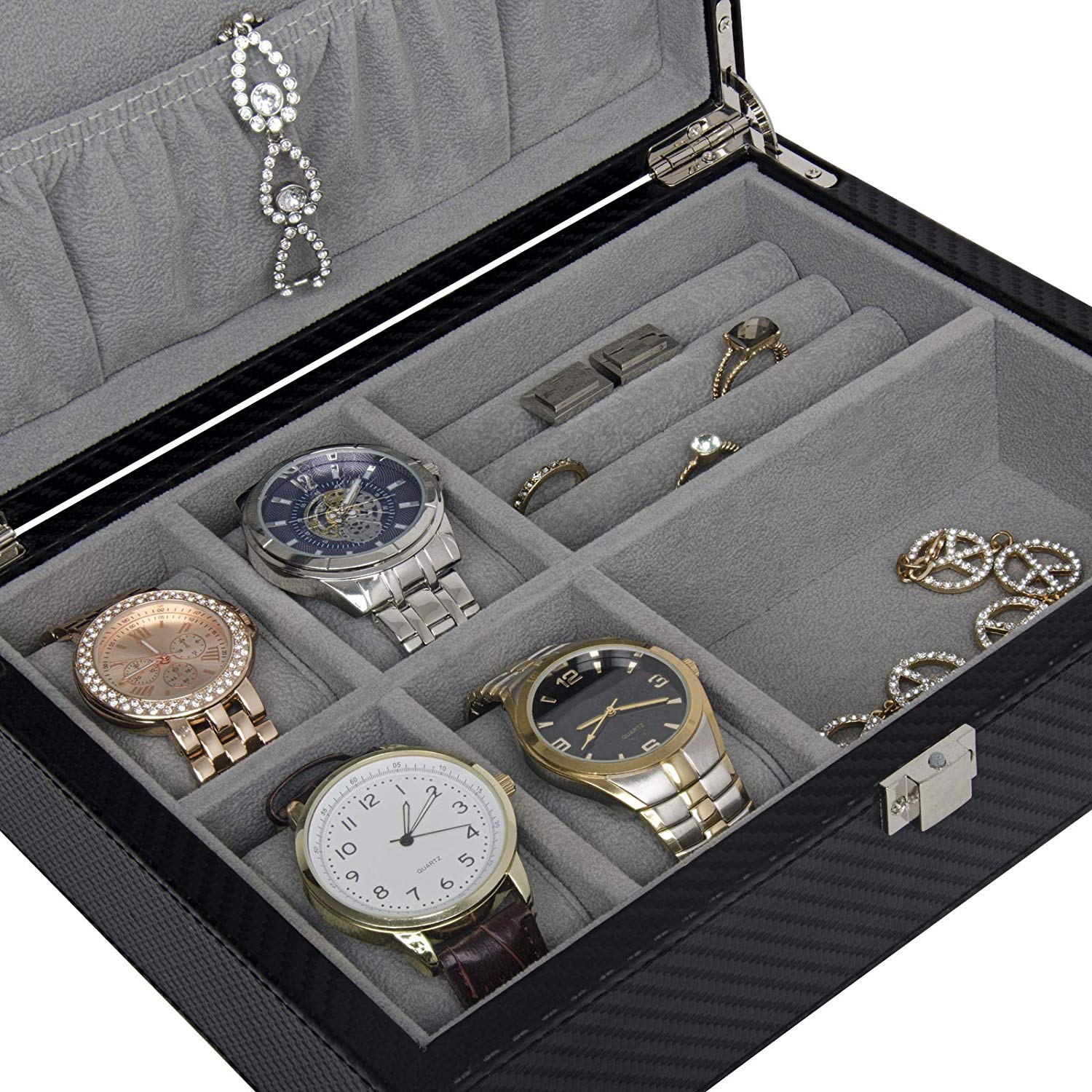 Boîte de rangement en cuir noir avec anneau pour montres