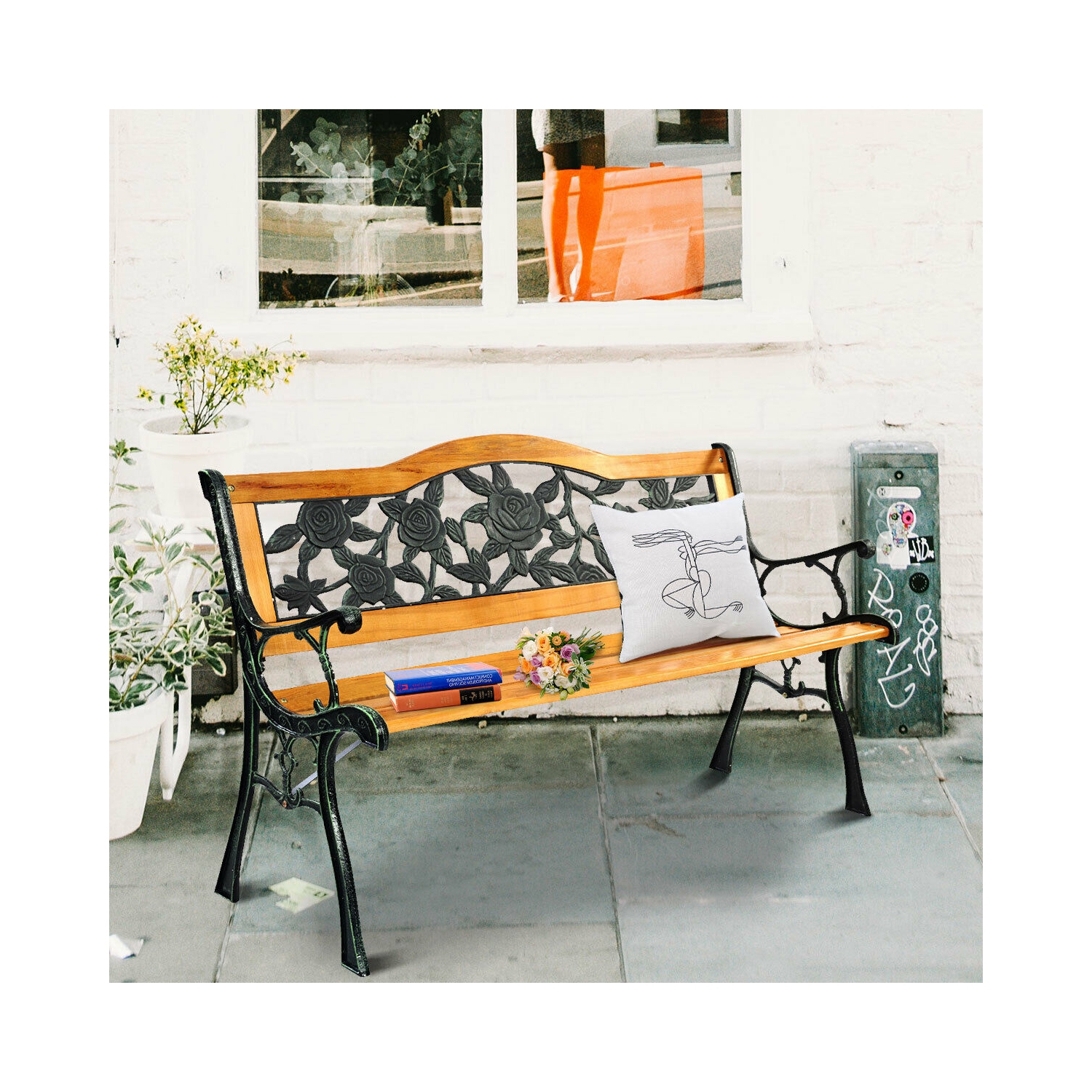 Patio Park Garden Bench Porch Path Chair Furniture Cast Iron Hardwood