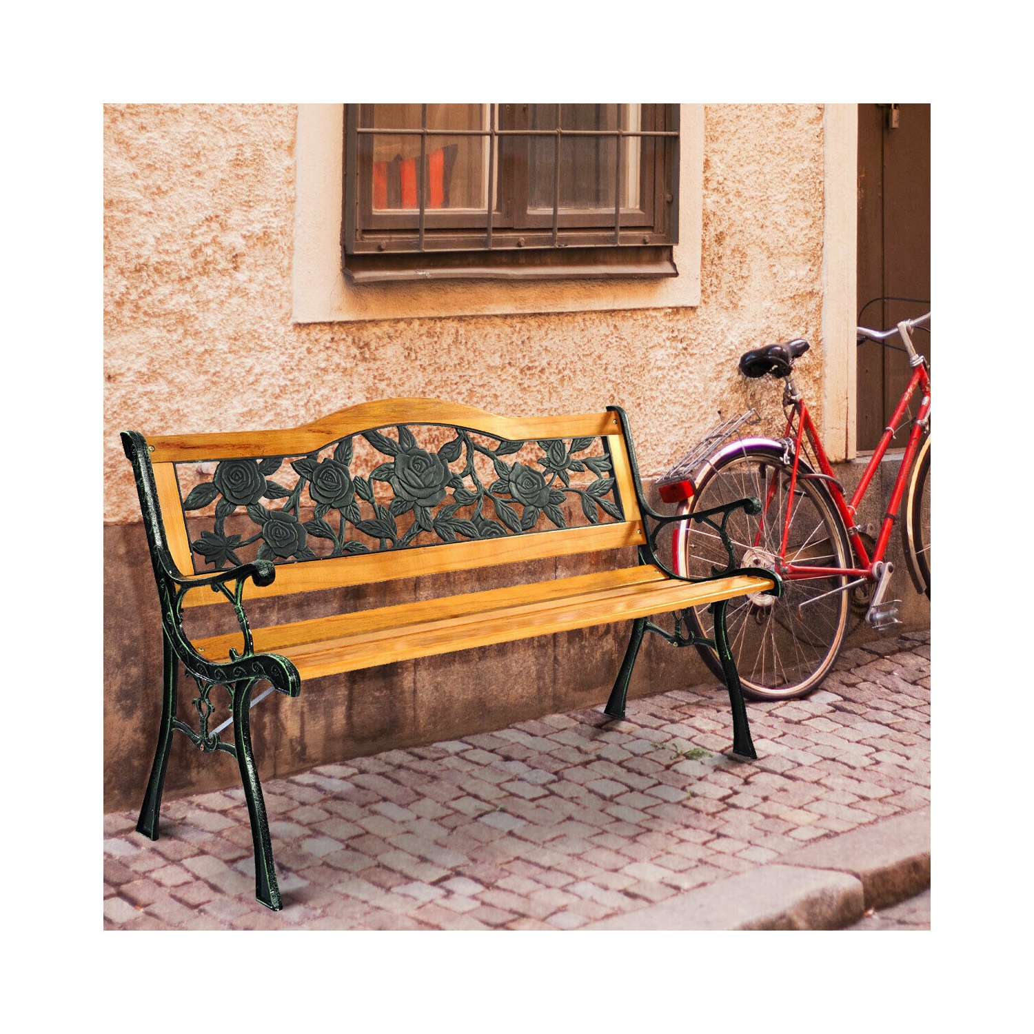 Patio Park Garden Bench Porch Path Chair Furniture Cast Iron Hardwood