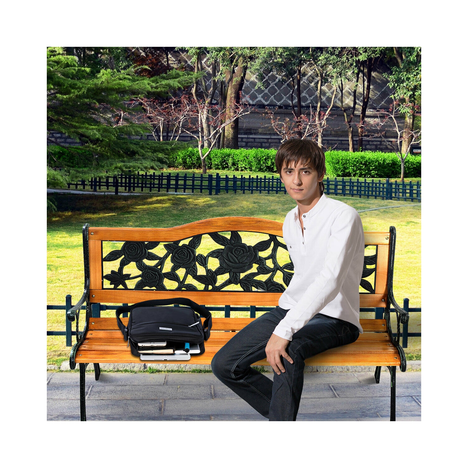 Patio Park Garden Bench Porch Path Chair Furniture Cast Iron Hardwood