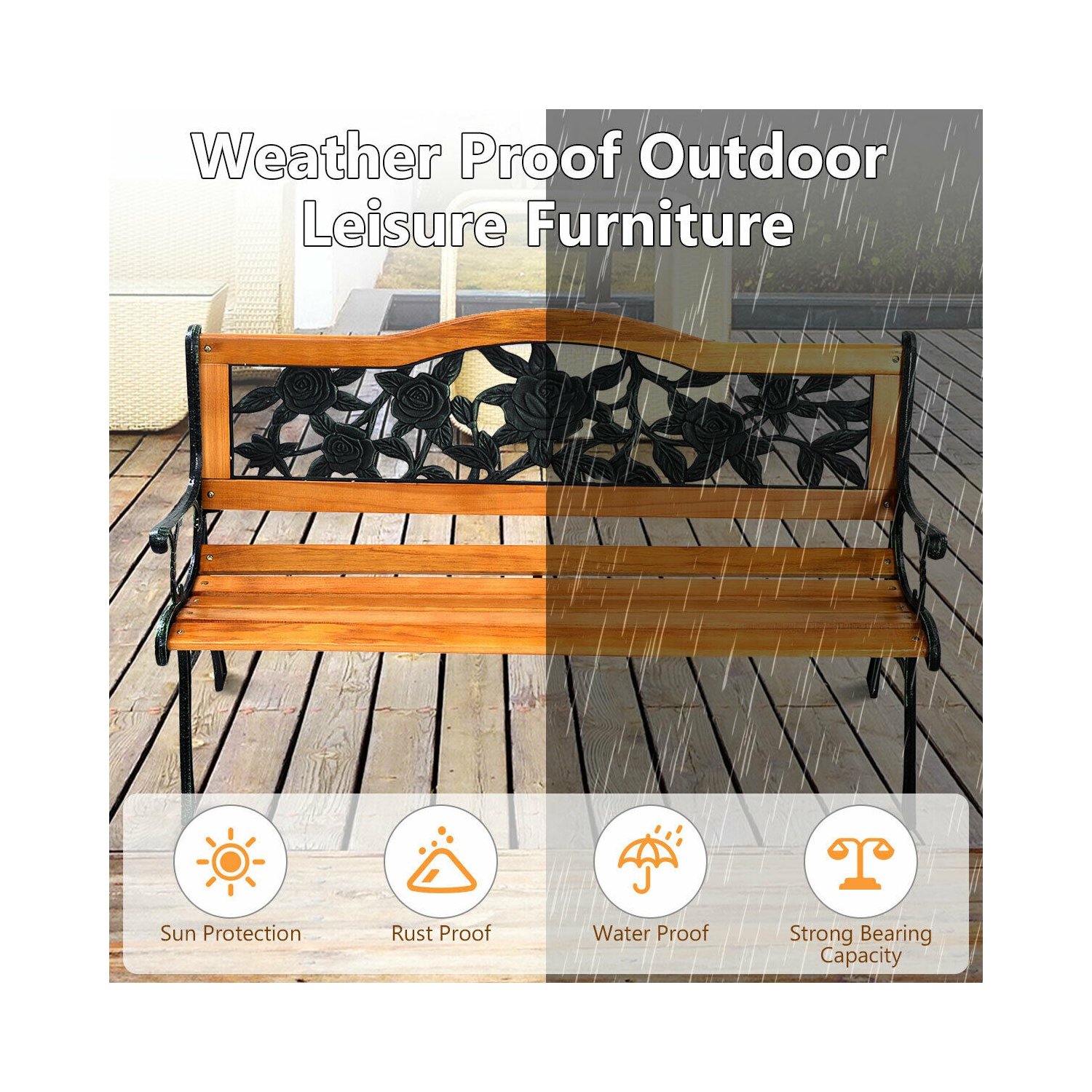 Patio Park Garden Bench Porch Path Chair Furniture Cast Iron Hardwood