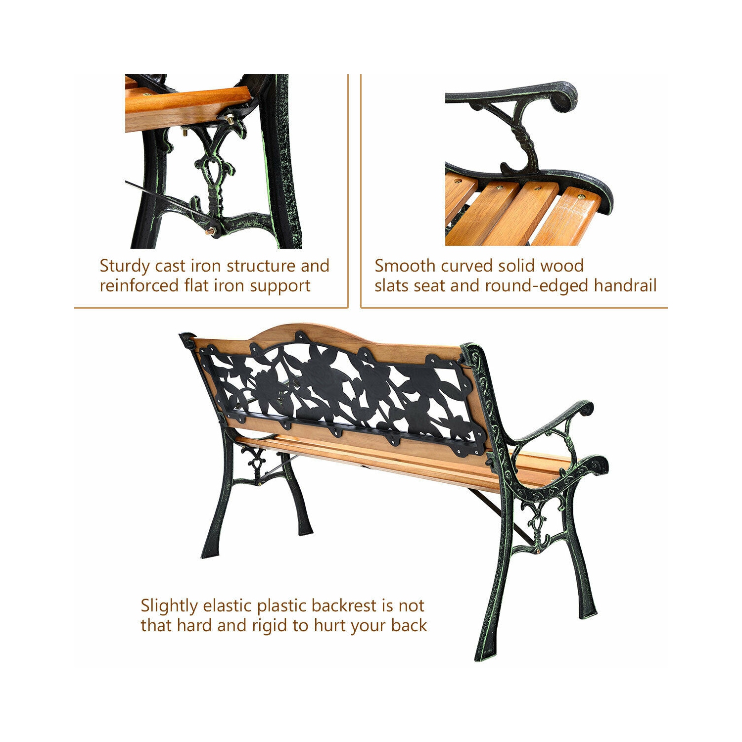 Patio Park Garden Bench Porch Path Chair Furniture Cast Iron Hardwood