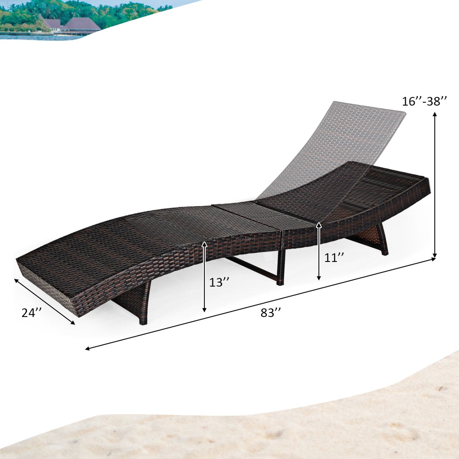 Costway 2-Piece Patio Garden Rattan Back Adjustable Lounge Chair Chaise Recliner with Cushions