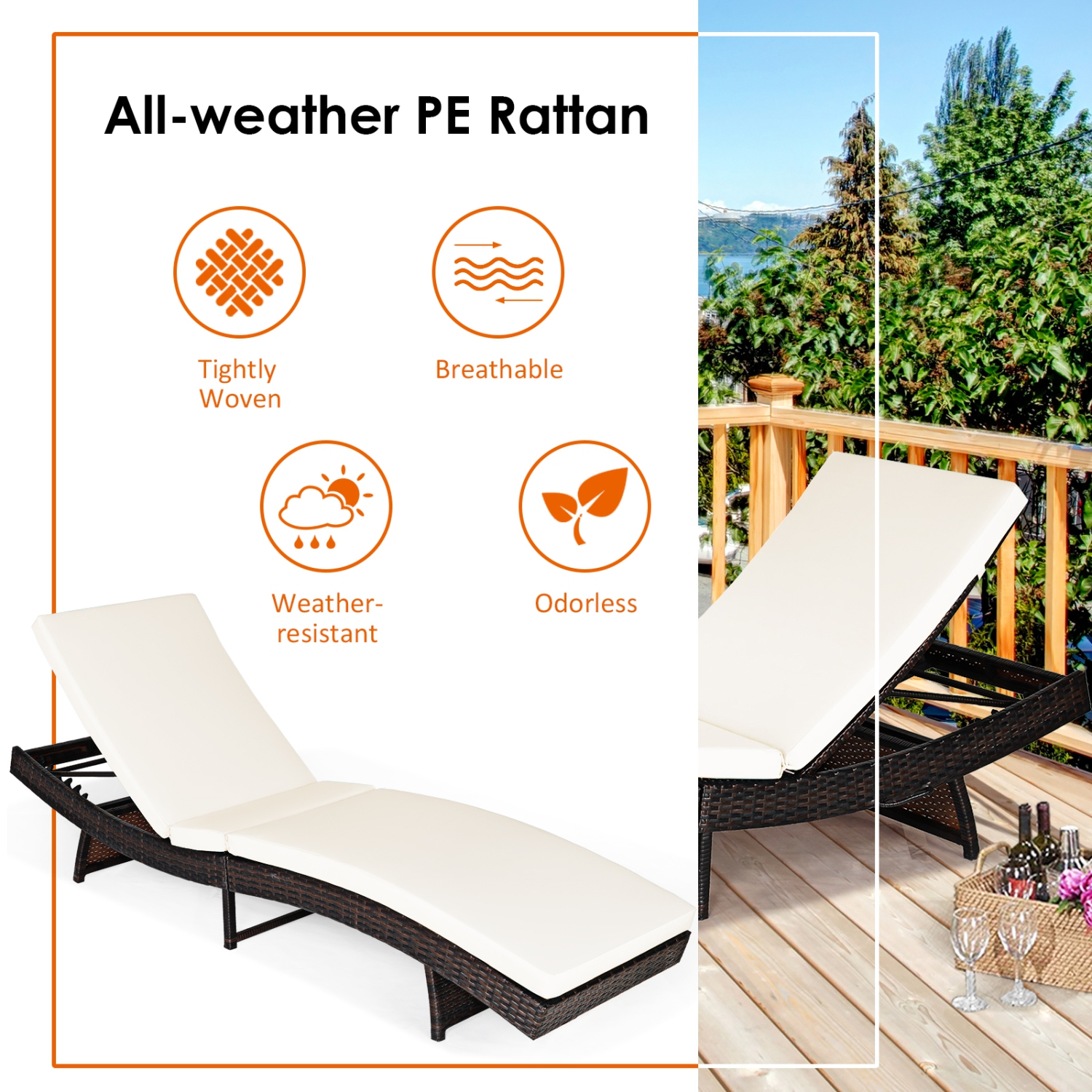 Costway 2-Piece Patio Garden Rattan Back Adjustable Lounge Chair Chaise Recliner with Cushions