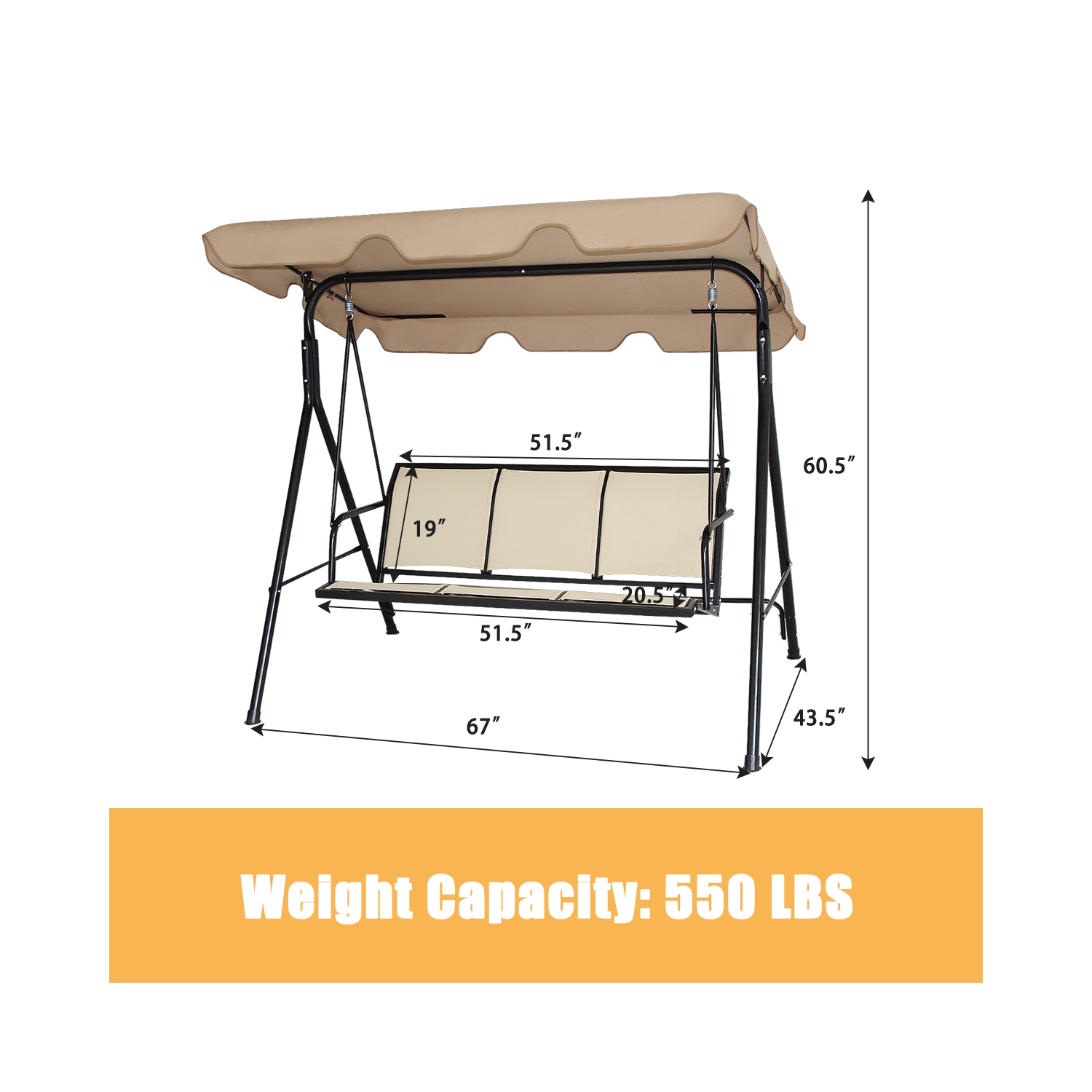 Balancelle de Jardin 3 Places, Balançoire d'Extérieur avec Grand Auvent, Inclinaison Coussins Assise et Dossier Mince, Tissu de Teslin et Polyester,