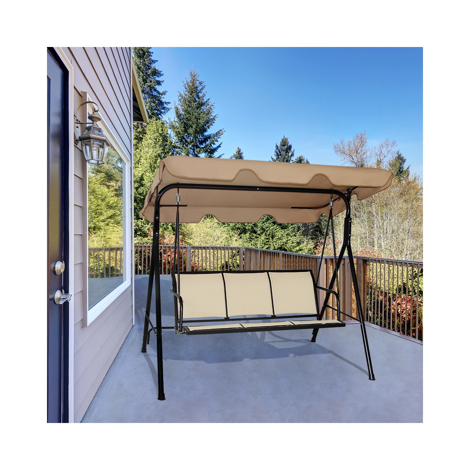 Balancelle de Jardin 3 Places, Balançoire d'Extérieur avec Grand Auvent, Inclinaison Coussins Assise et Dossier Mince, Tissu de Teslin et Polyester,