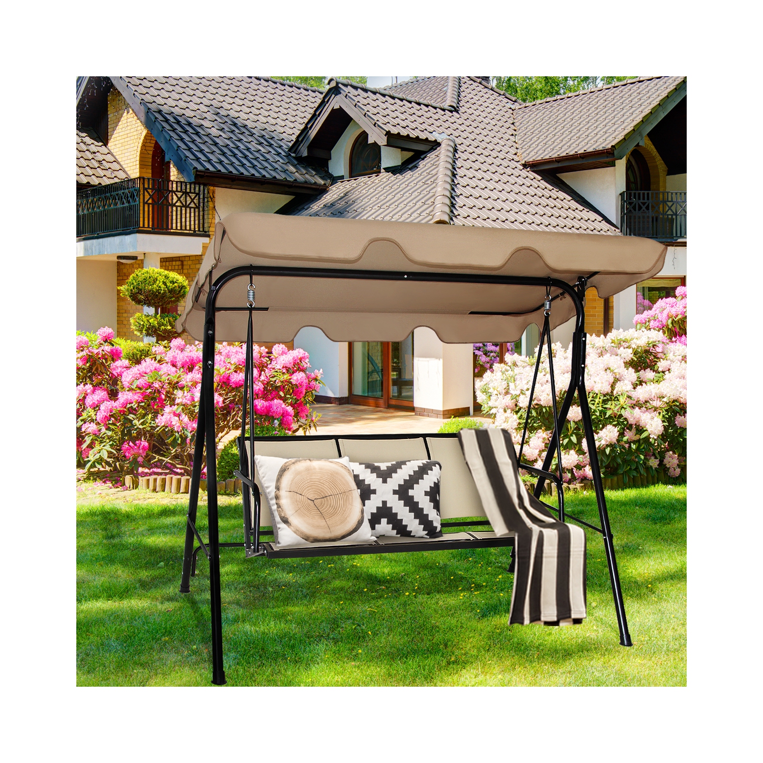 Balancelle de Jardin 3 Places, Balançoire d'Extérieur avec Grand Auvent, Inclinaison Coussins Assise et Dossier Mince, Tissu de Teslin et Polyester,