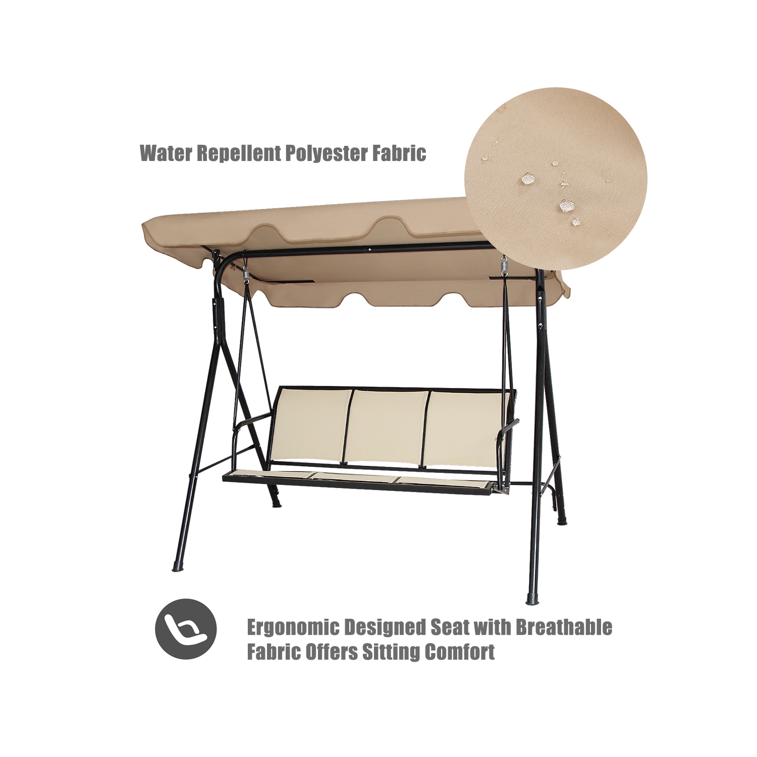Balancelle de Jardin 3 Places, Balançoire d'Extérieur avec Grand Auvent, Inclinaison Coussins Assise et Dossier Mince, Tissu de Teslin et Polyester,