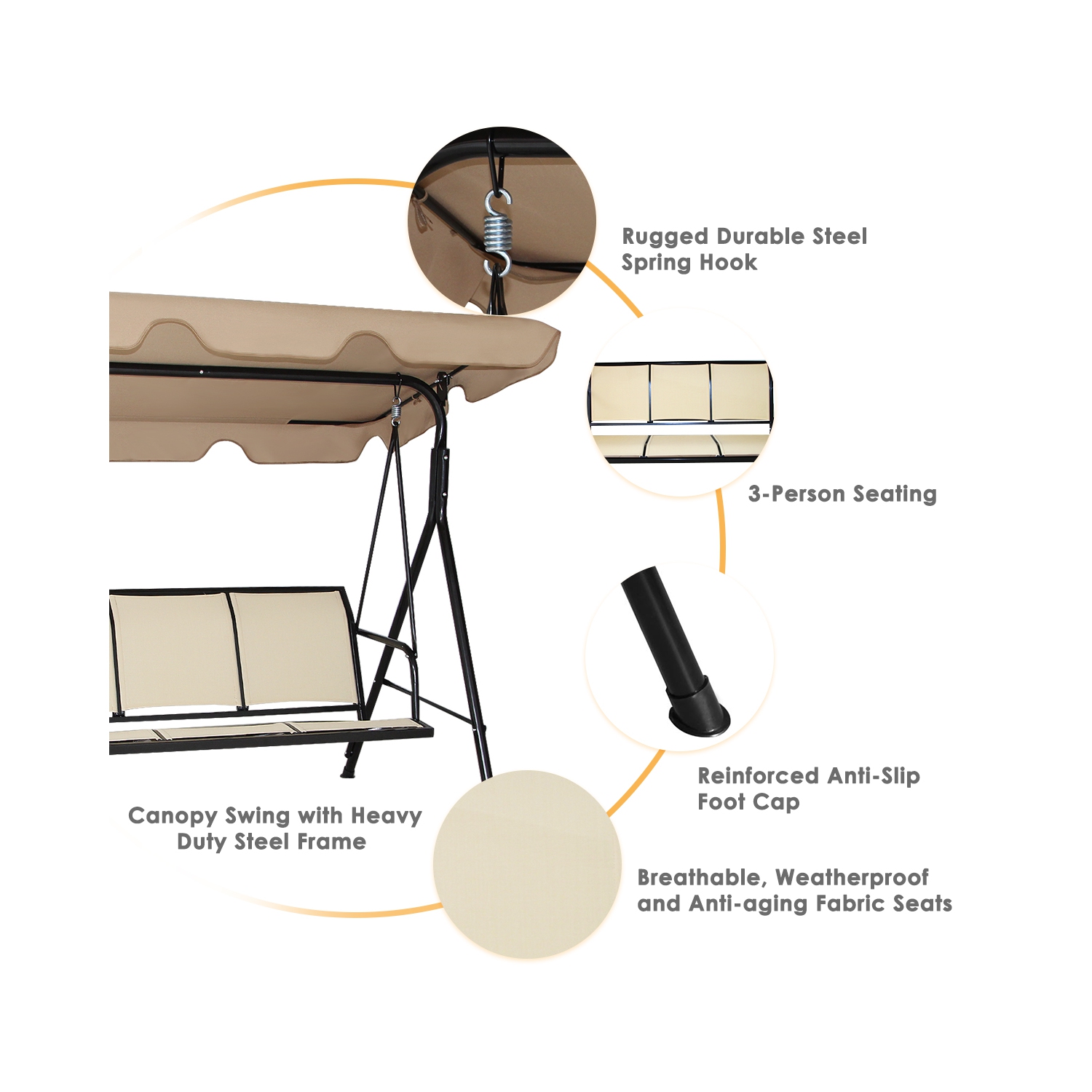 Balancelle de Jardin 3 Places, Balançoire d'Extérieur avec Grand Auvent, Inclinaison Coussins Assise et Dossier Mince, Tissu de Teslin et Polyester,