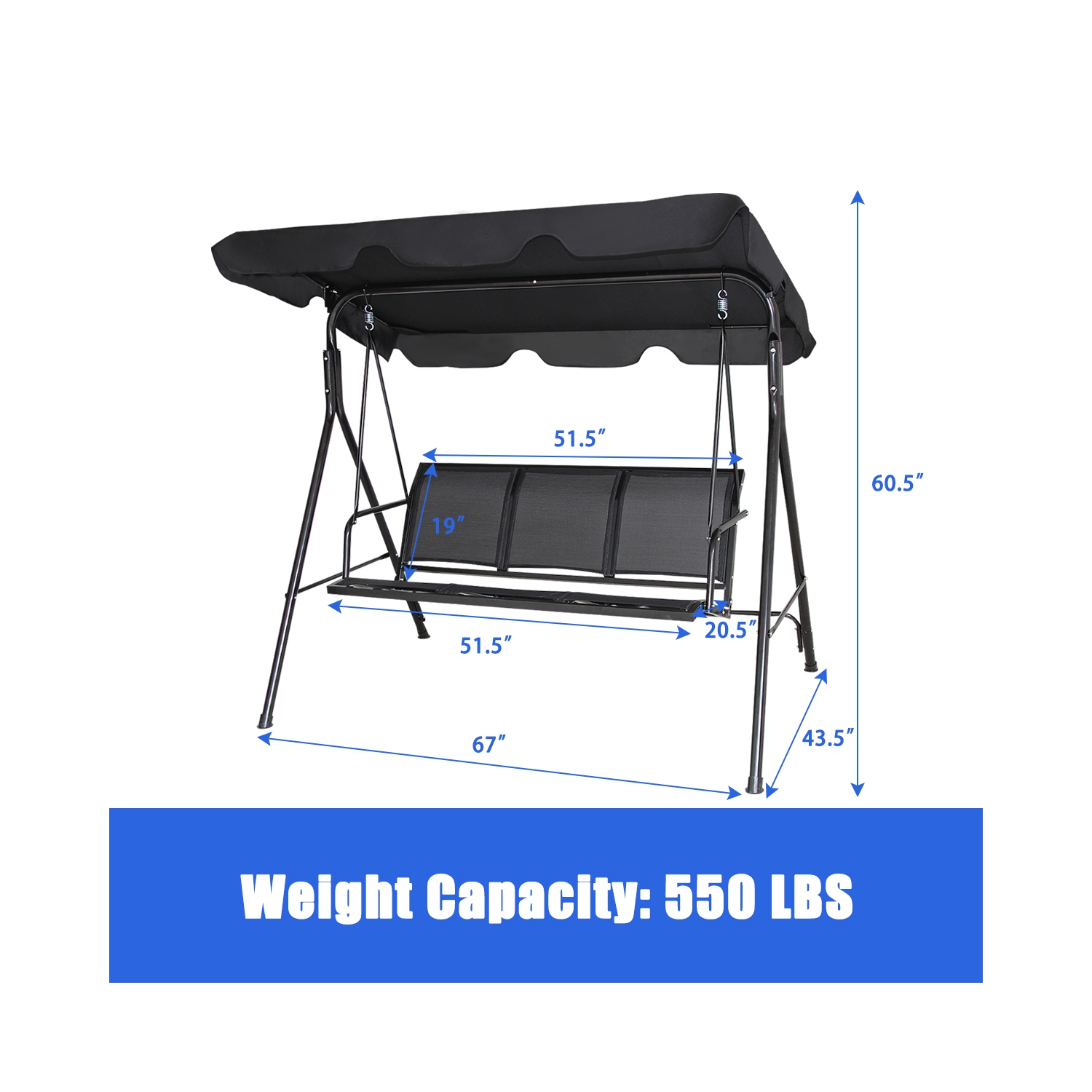 Costway Outdoor Patio Swing Canopy 3 Person Canopy Swing Chair Patio Hammock Black