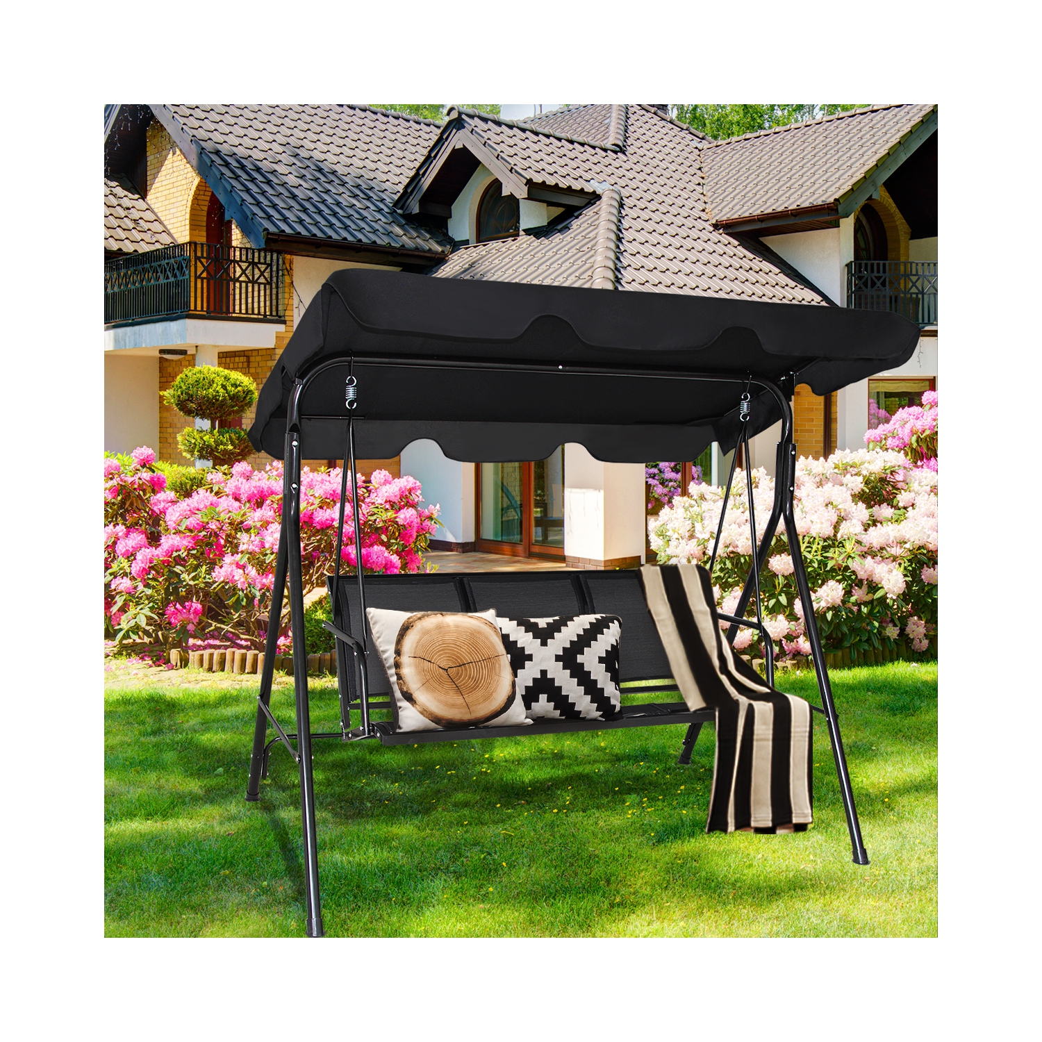 Costway Outdoor Patio Swing Canopy 3 Person Canopy Swing Chair Patio Hammock Black