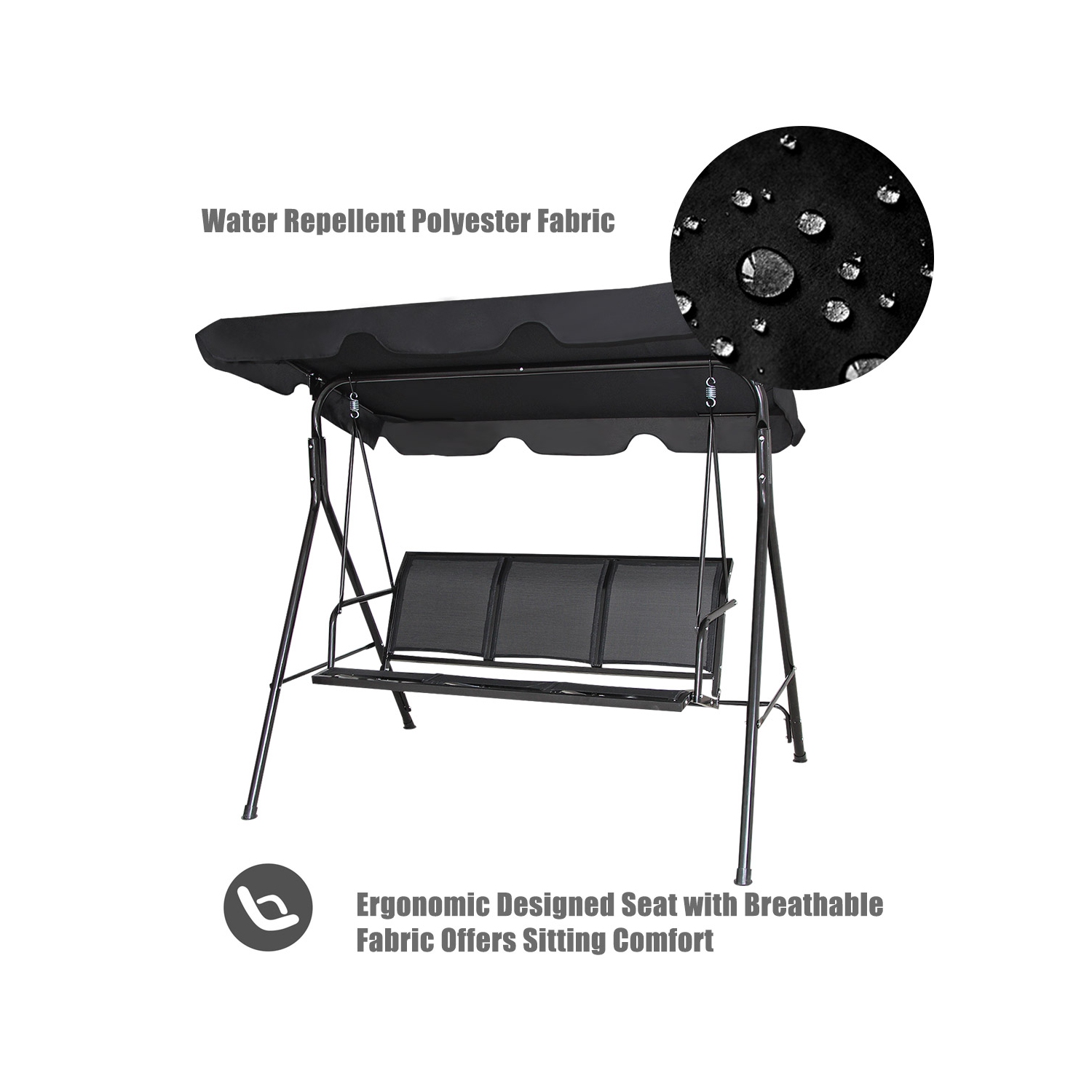 Costway Outdoor Patio Swing Canopy 3 Person Canopy Swing Chair Patio Hammock Black