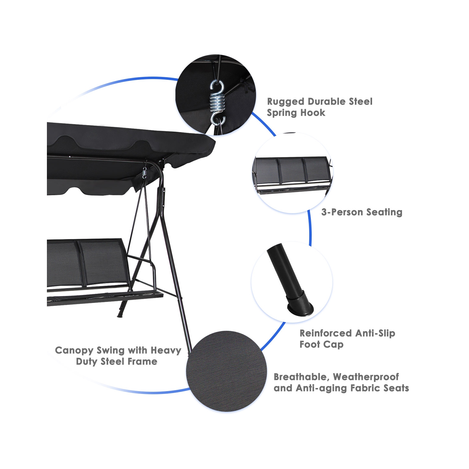 Costway Outdoor Patio Swing Canopy 3 Person Canopy Swing Chair Patio Hammock Black