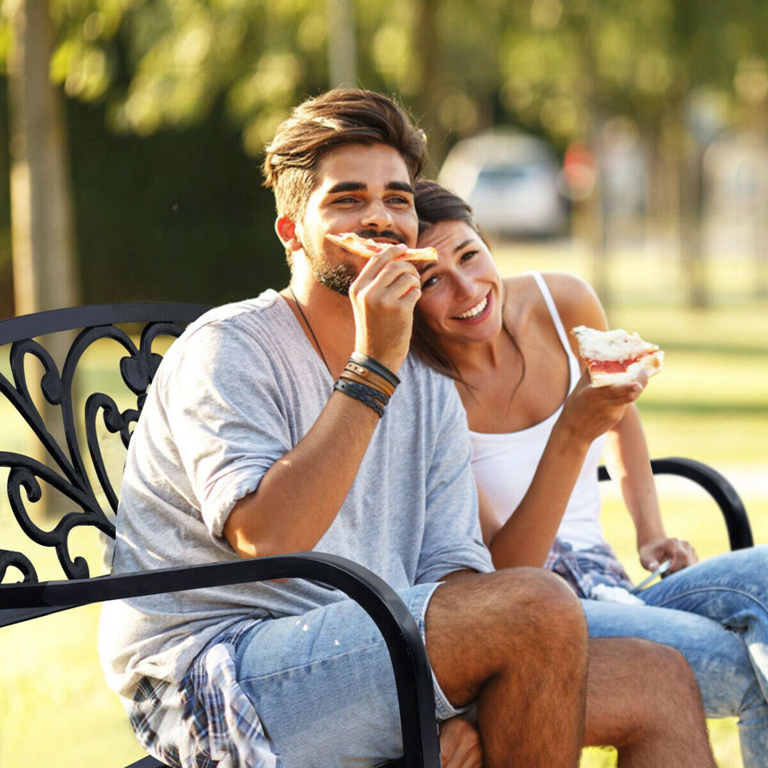 Costway 50" Patio Park Garden Bench Porch Chair Steel Frame Cast Iron Backrest