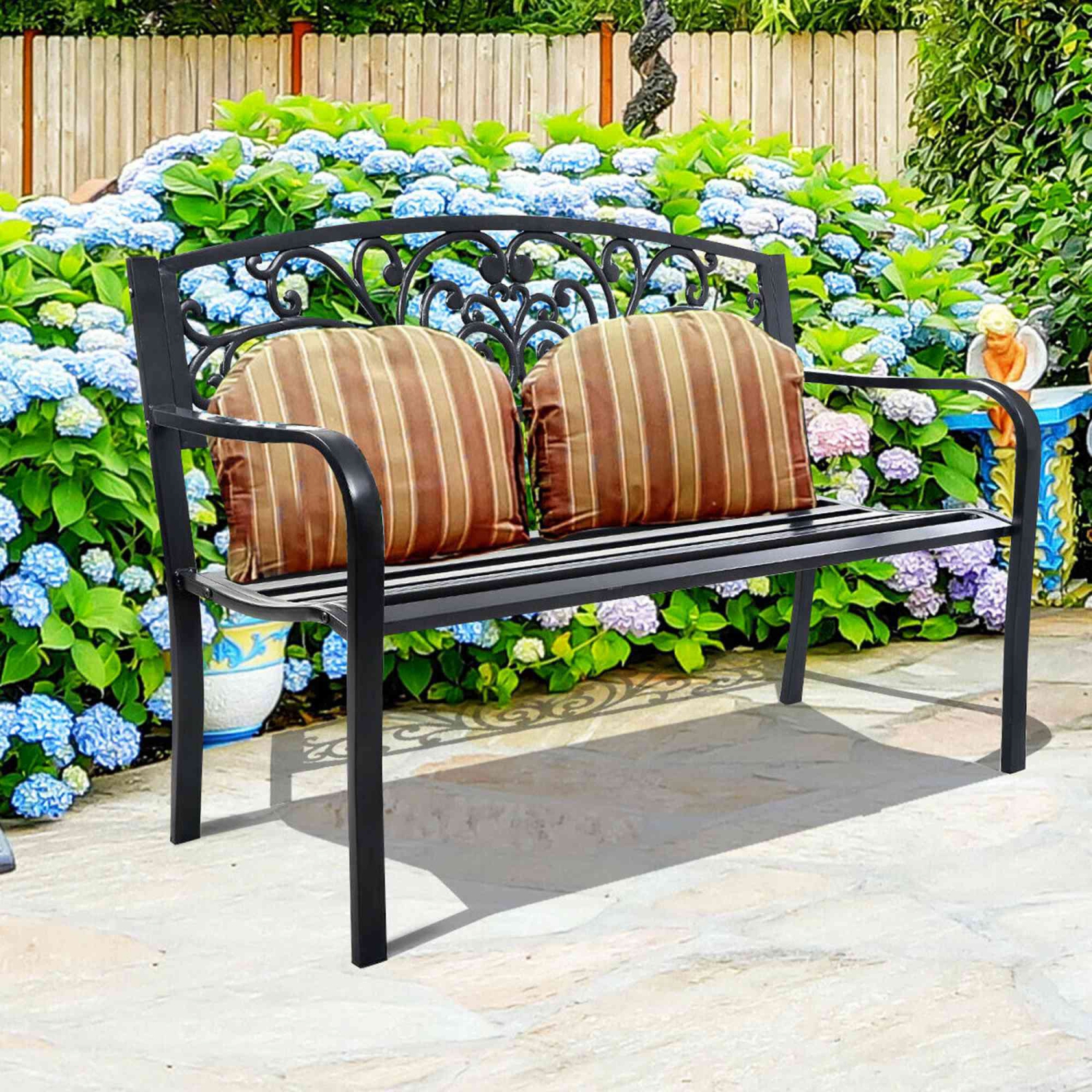 Costway 50" Patio Park Garden Bench Porch Chair Steel Frame Cast Iron Backrest