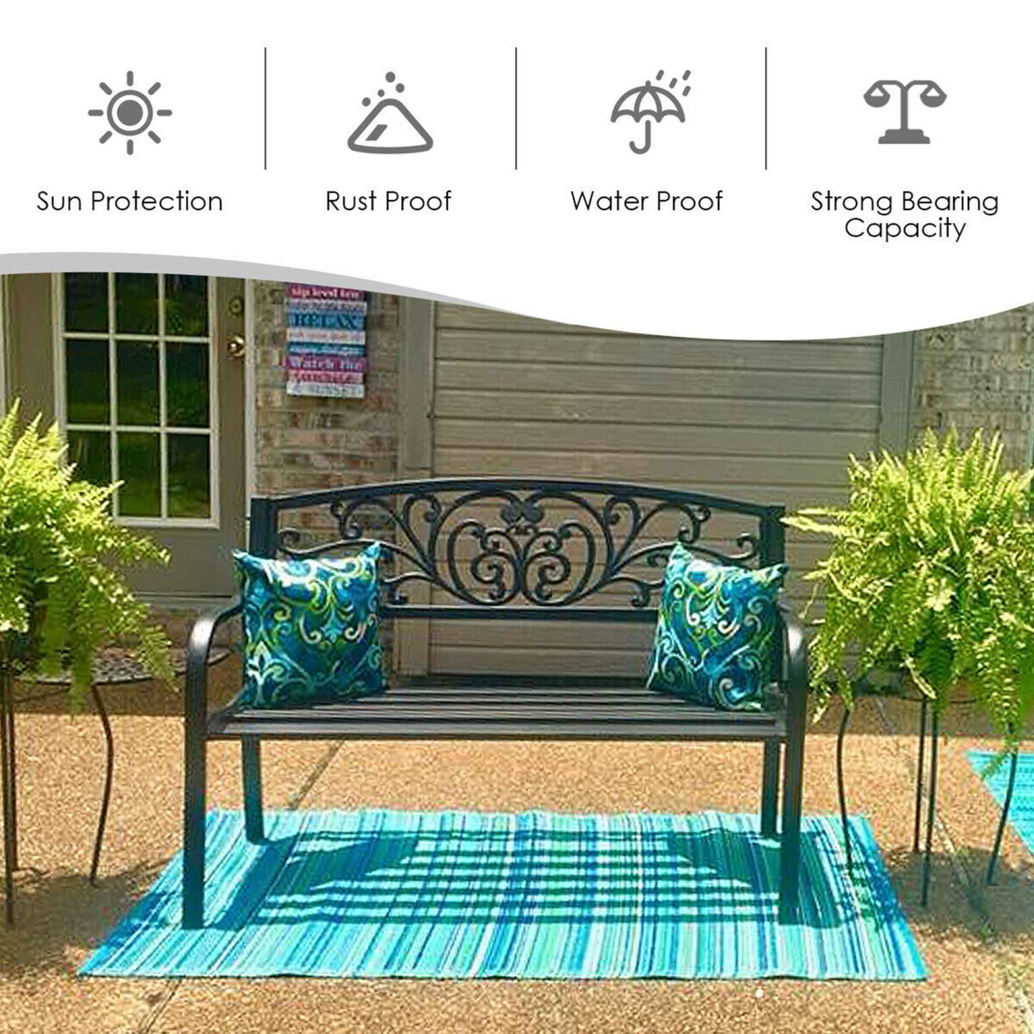 Costway 50" Patio Park Garden Bench Porch Chair Steel Frame Cast Iron Backrest