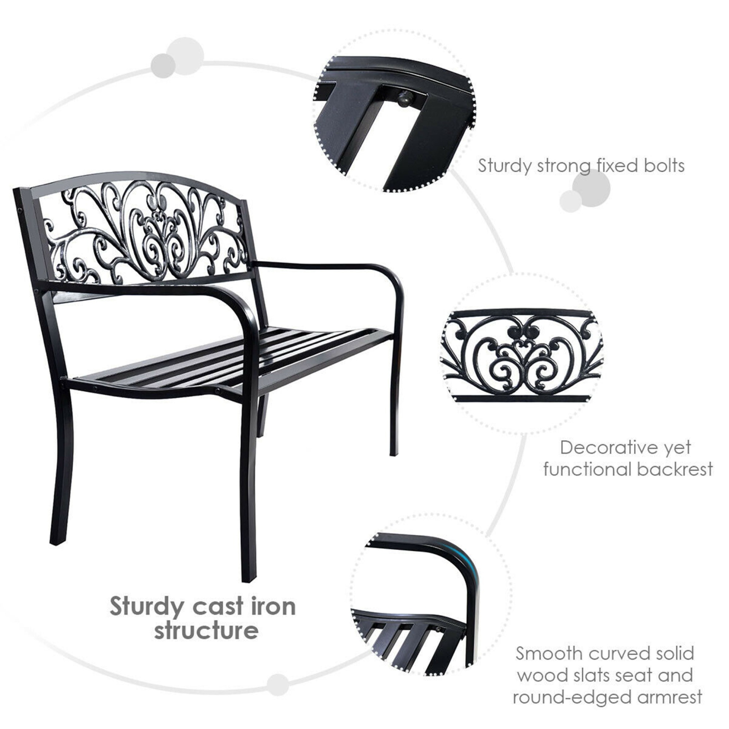 Costway 50" Patio Park Garden Bench Porch Chair Steel Frame Cast Iron Backrest