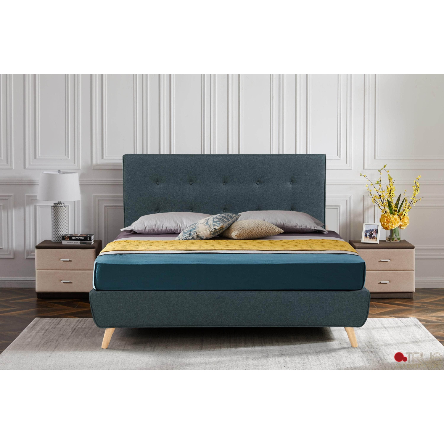 True Contemporary King Midnight Blue Drew Tufted Linen Platform Bed