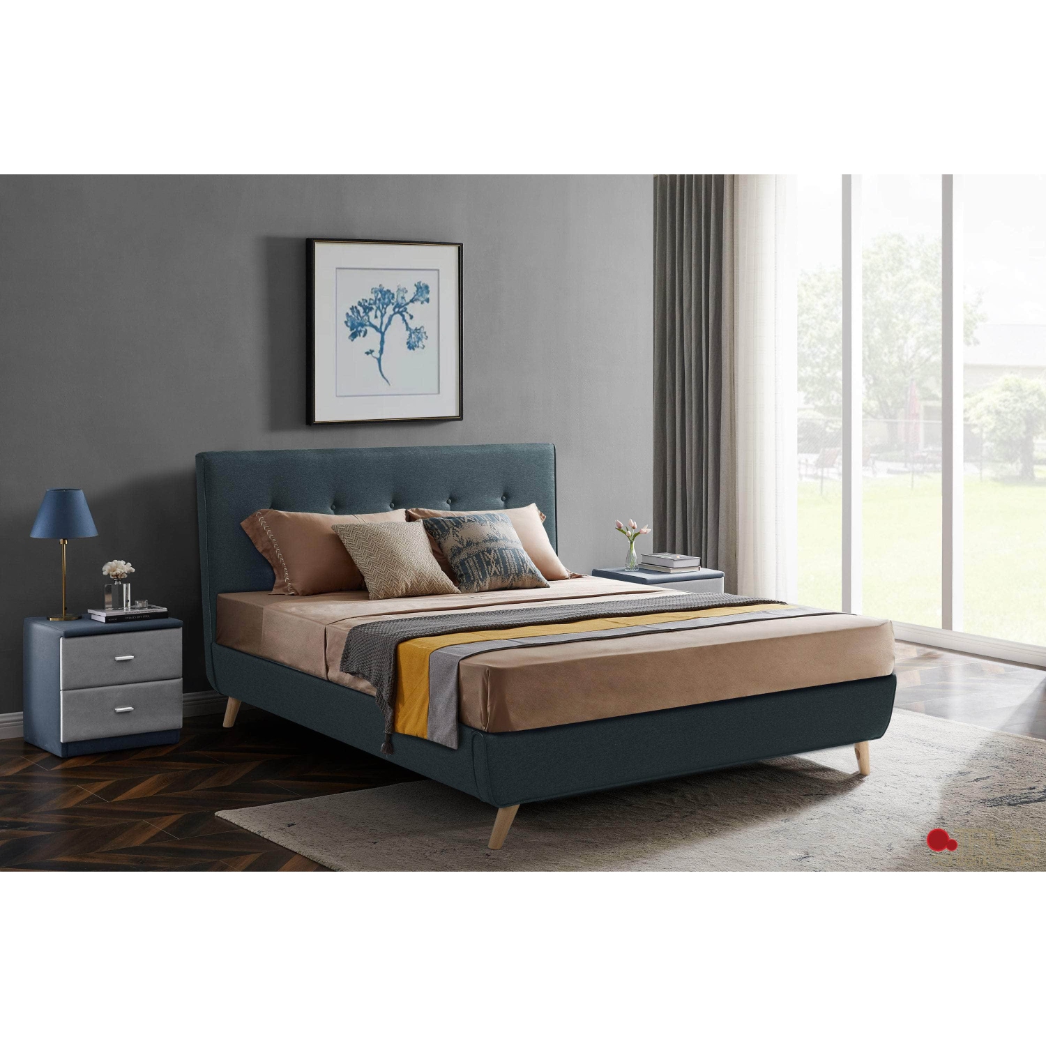 True Contemporary King Midnight Blue Drew Tufted Linen Platform Bed