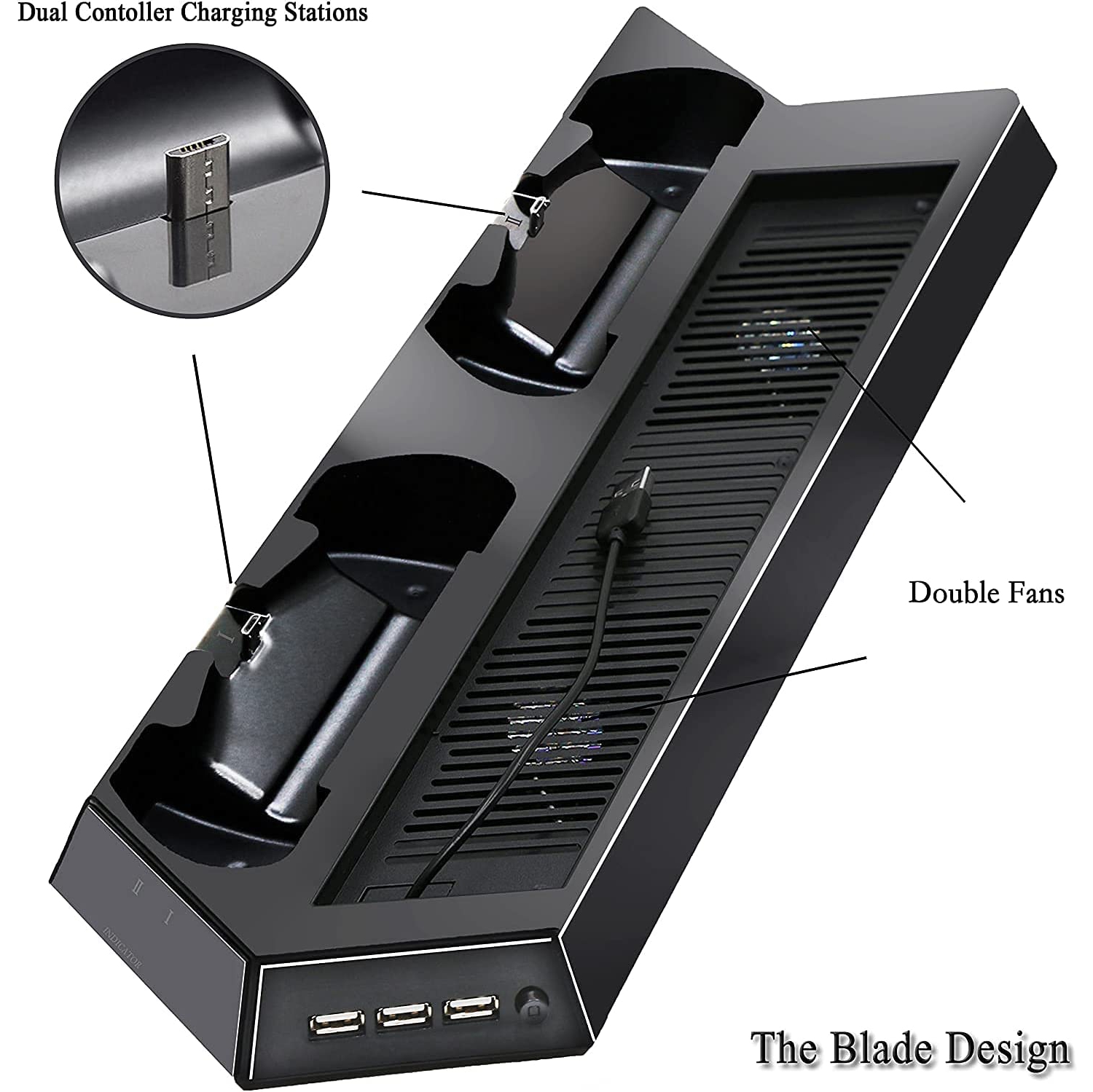 navor Multifunctional Vertical Dual Cooling Stand Charging Station Compatible with PS4/PS4 Slim/PS4 Pro, 3 Extra USB Port