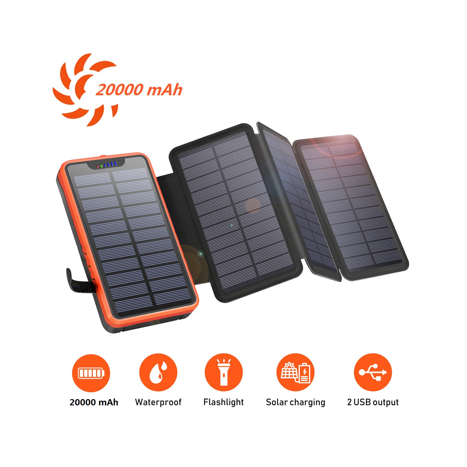 Chargeur portable solaire pliable de Navor 20000&nbsp;mAh – Bloc-piles externe portatif étanche avec 4 panneaux solaires, deux sorties USB 2,1&nbsp;A