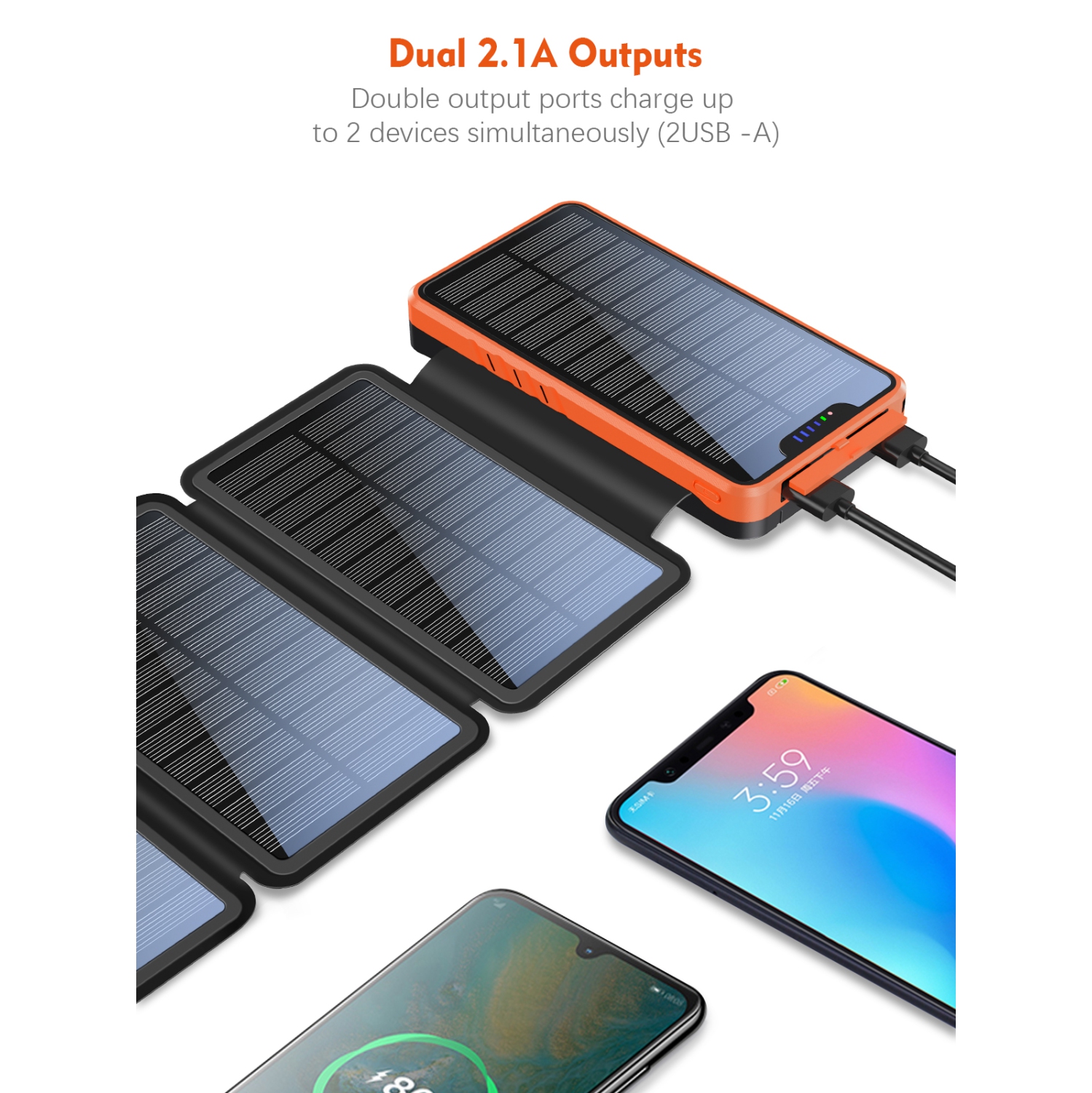 Chargeur portable solaire pliable de Navor 20000&nbsp;mAh – Bloc-piles externe portatif étanche avec 4 panneaux solaires, deux sorties USB 2,1&nbsp;A