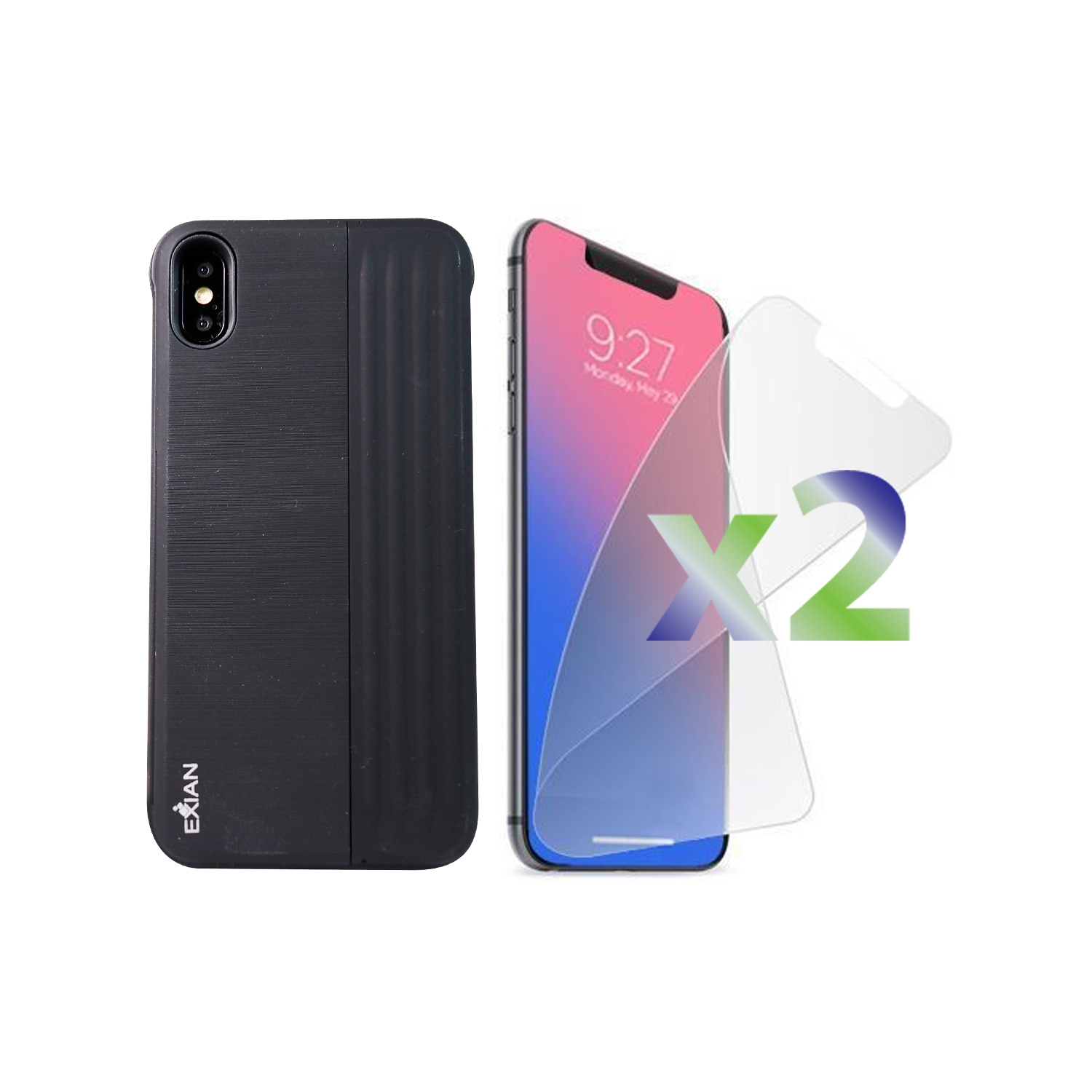 Protecteurs d’écran X 2 d’Exian pour iPhone XS Max avec étui protecteur avec support et fente pour carte, noir