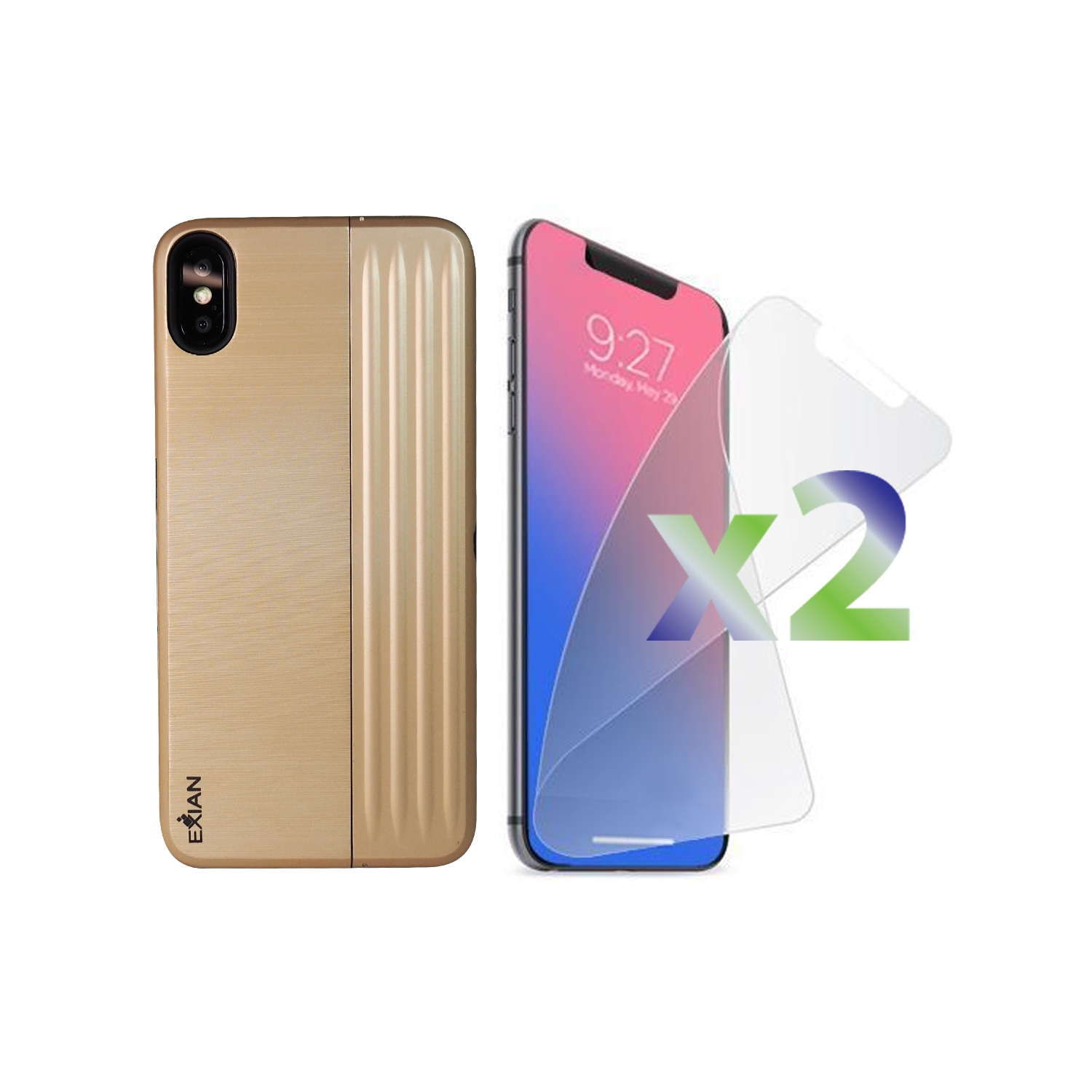 2 protecteurs d’écran iPhone XS Max d’Exian avec étui protecteur, support et fente pour carte doré