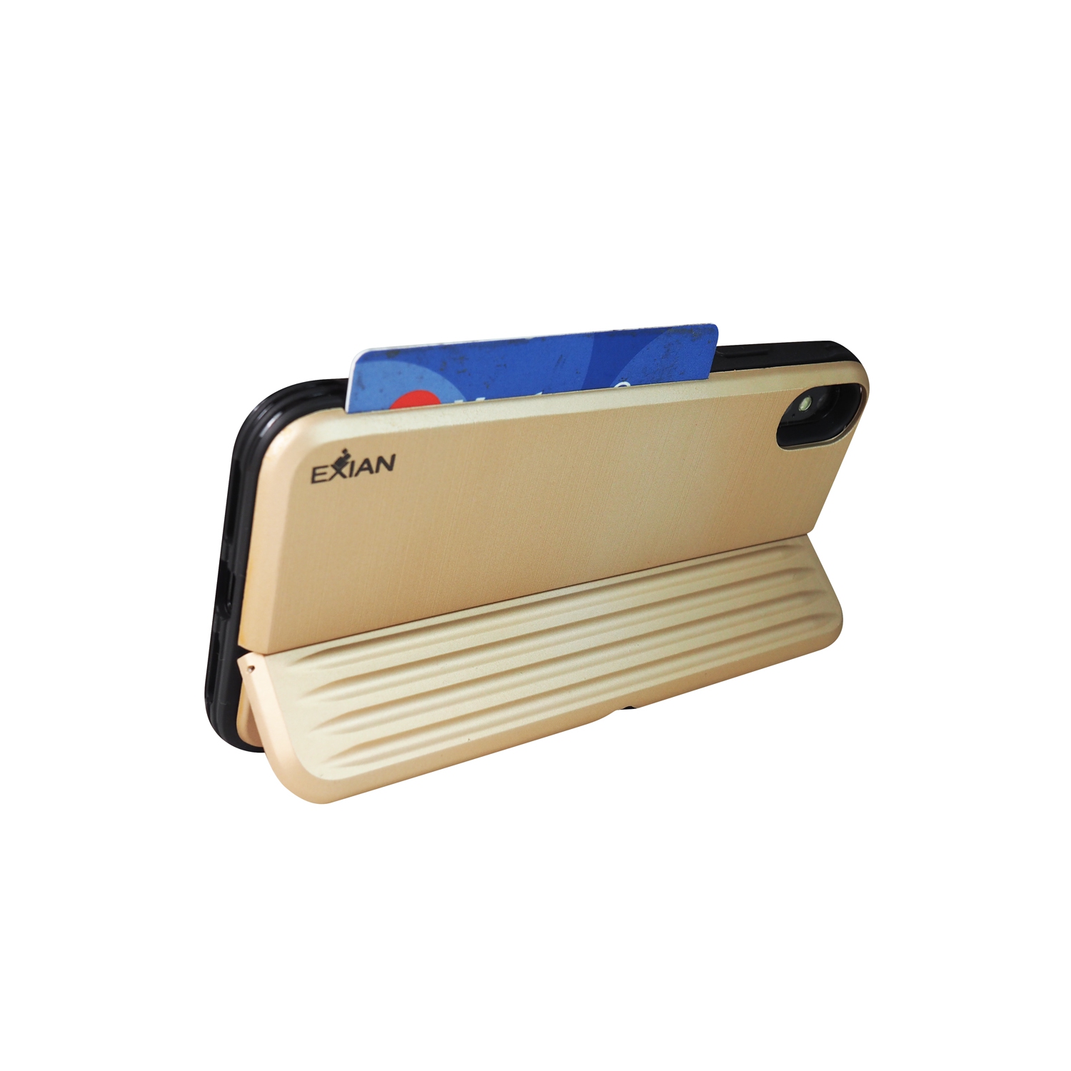 2 protecteurs d’écran iPhone XS Max d’Exian avec étui protecteur, support et fente pour carte doré