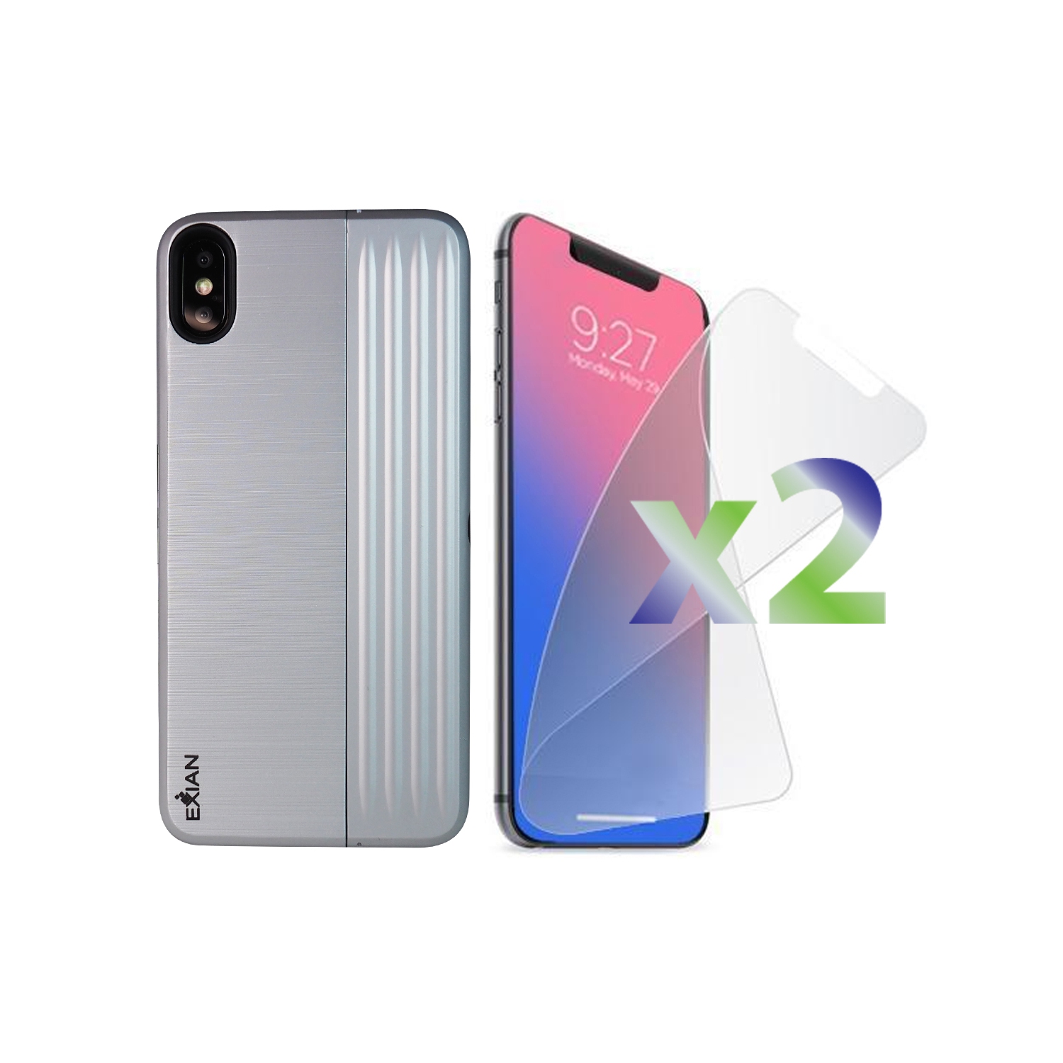 2 protecteurs d’écran iPhone XS Max d’Exian et étui avec support et fente pour carte argenté