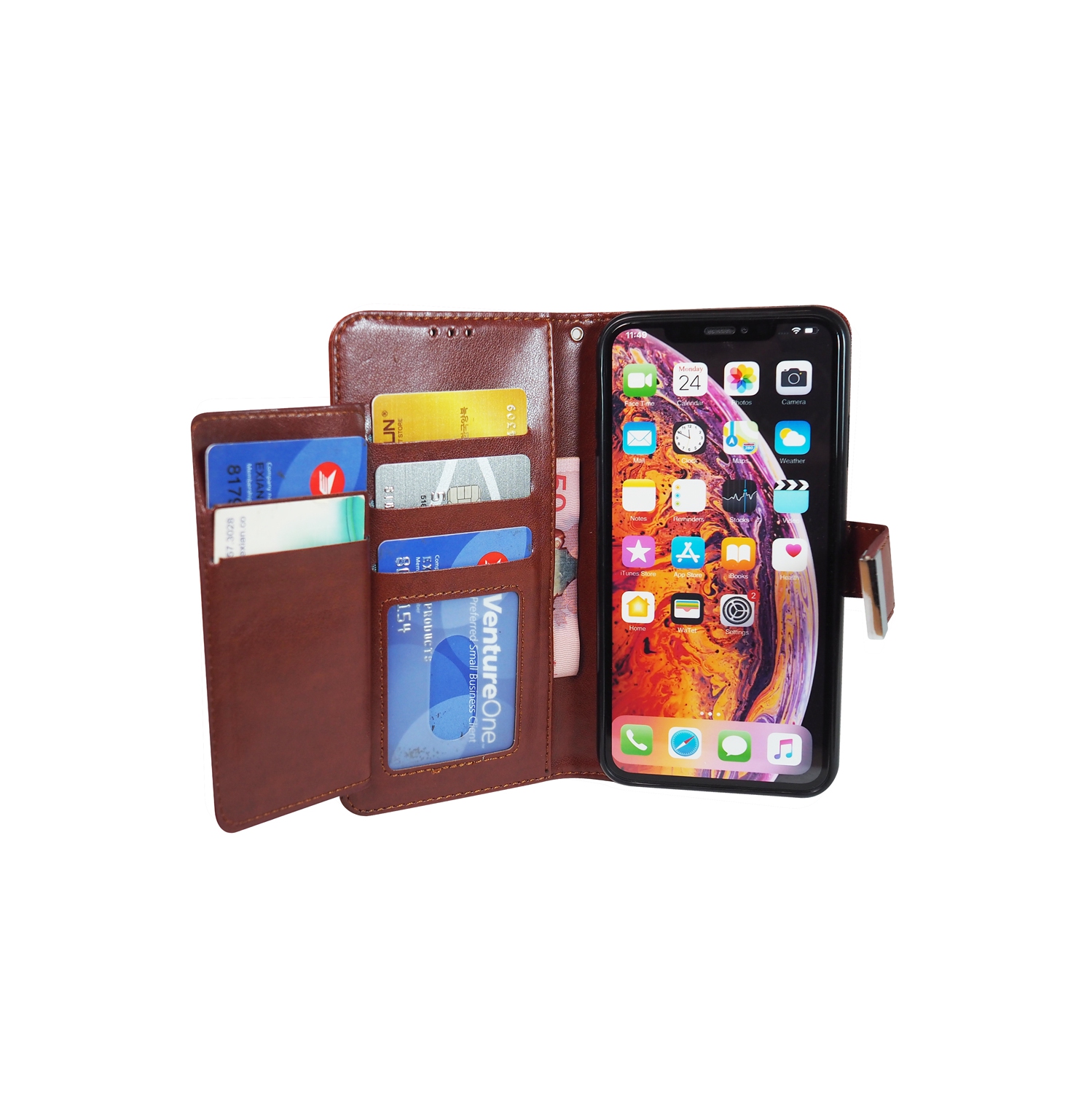 Exian iPhone XS Max Screen Protectors X 2 and PU Leather Wallet with Card Slots Brown