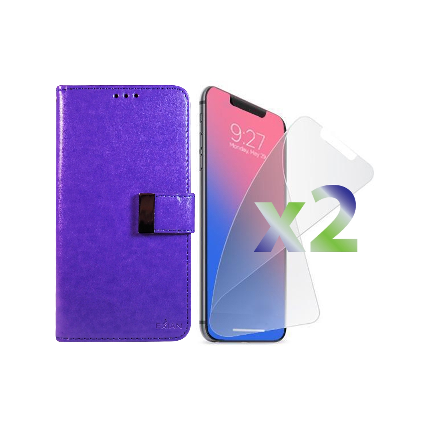 Exian iPhone XS Max Screen Protectors X 2 and PU Leather Wallet with Card Slots Purple