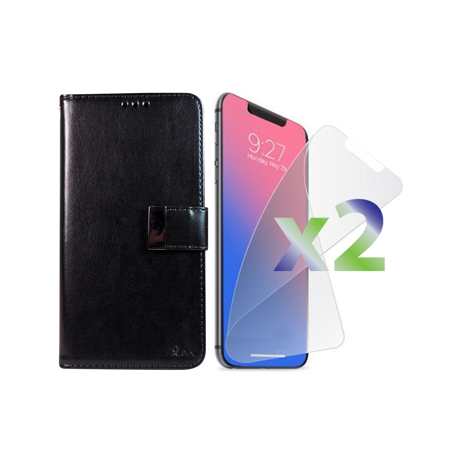 Exian iPhone XR Screen Protectors X 2 and PU Leather Wallet with Card Slots Black