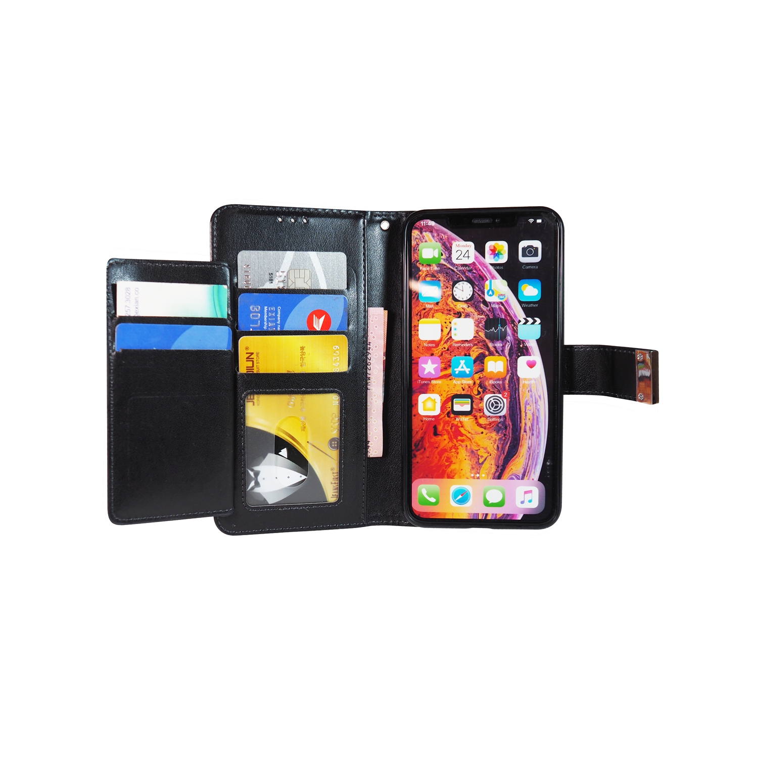 Exian iPhone XR Screen Protectors X 2 and PU Leather Wallet with Card Slots Black