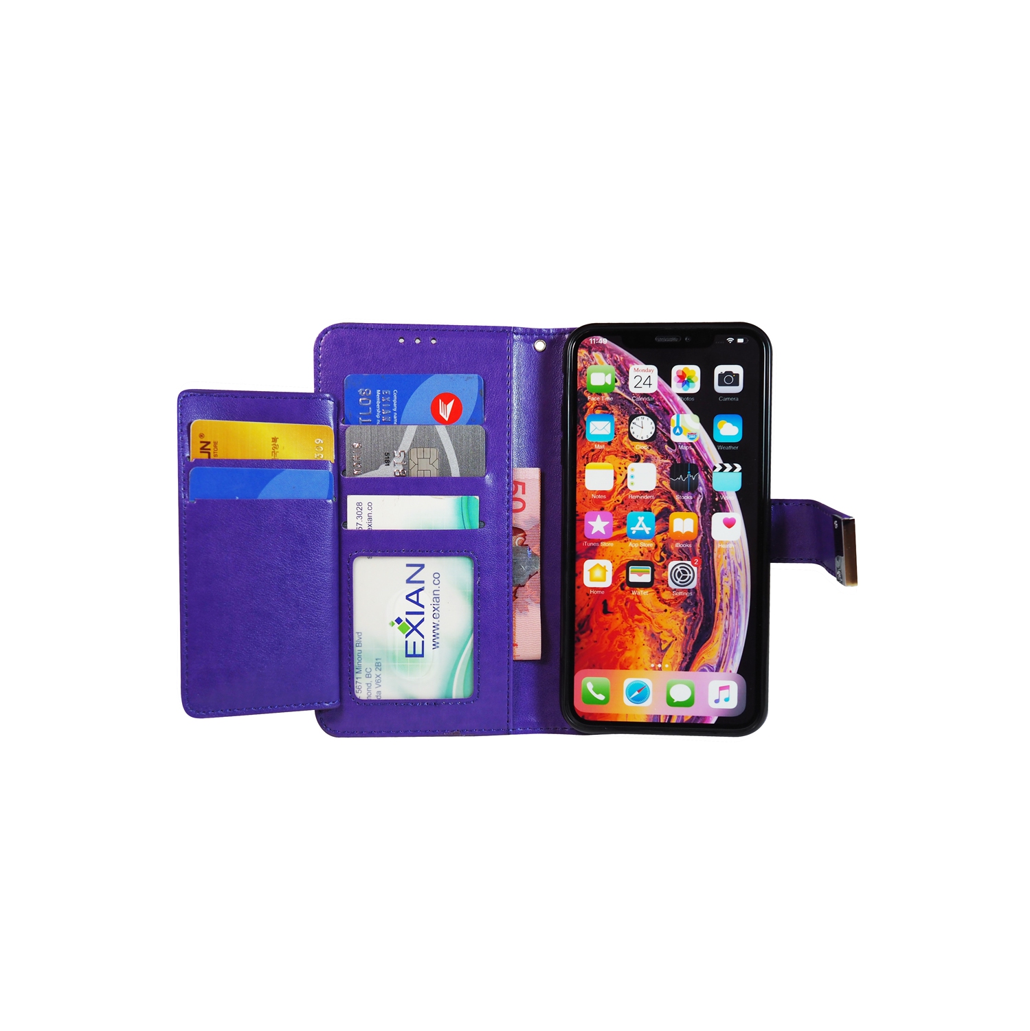 2 protecteurs d’écran pour iPhone XR d’Exian et portefeuille en cuir de polyuréthane avec fentes pour cartes - Violet