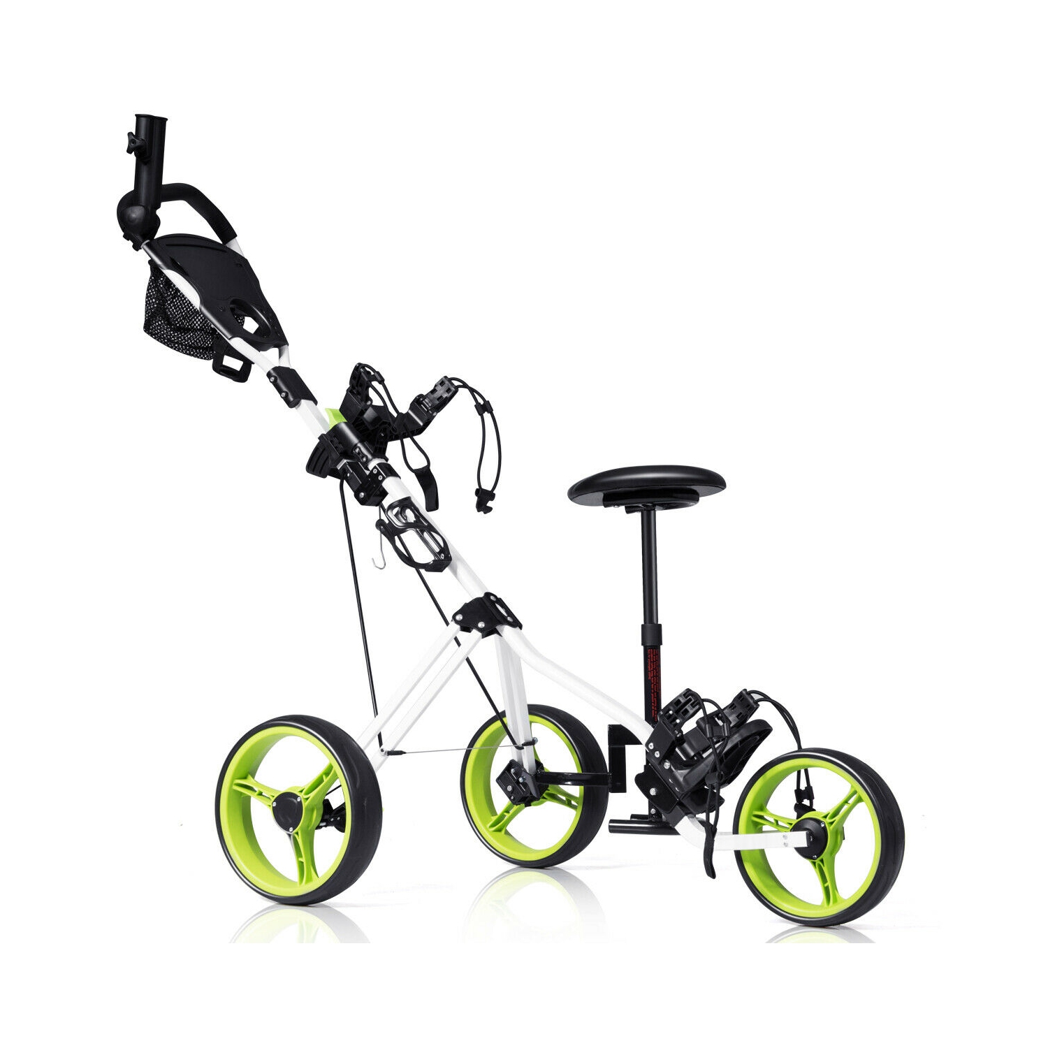 Costway Foldable 3 Wheel Push Pull Golf Club Cart Trolley w/ Seat Scoreboard Bag Swivel