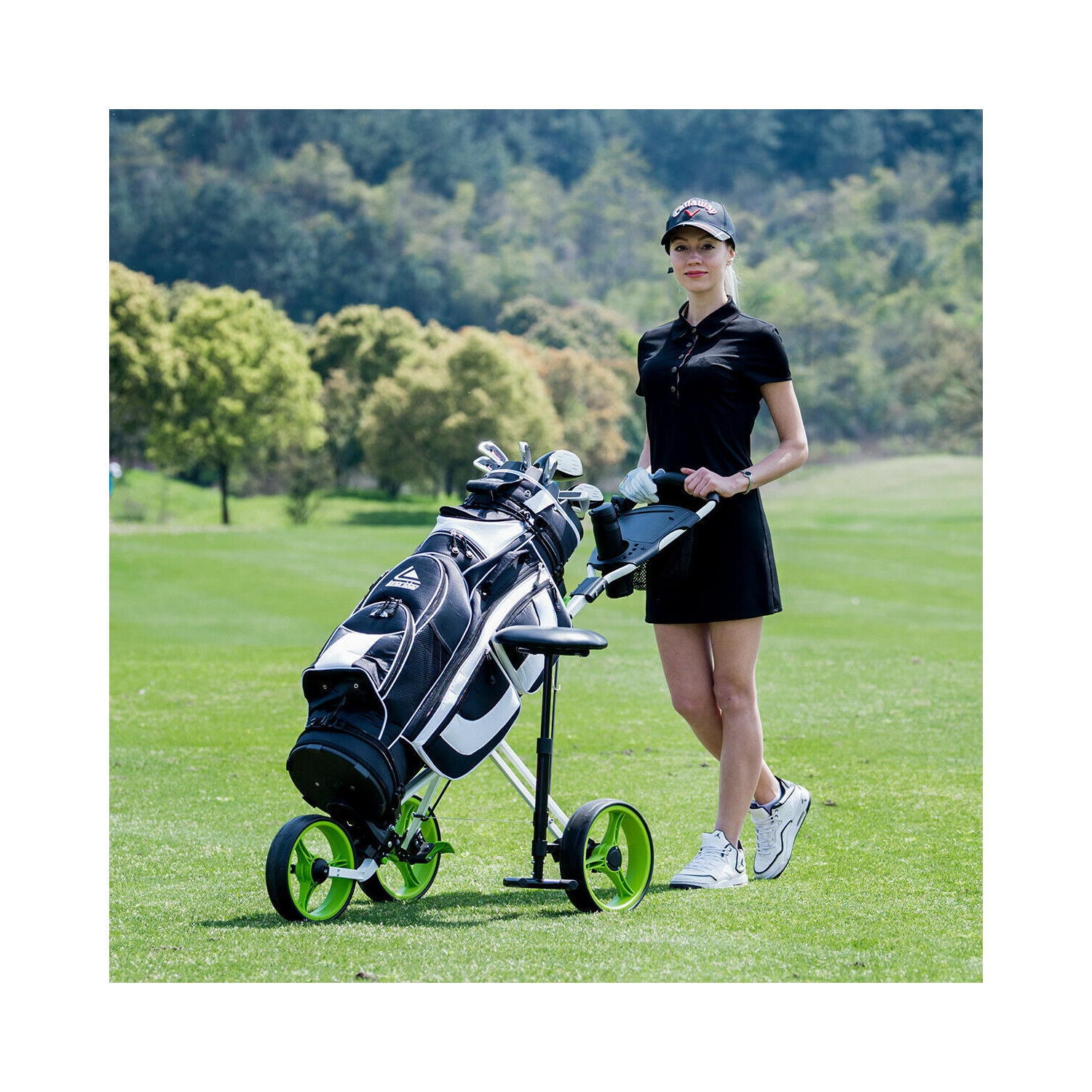 Costway Foldable 3 Wheel Push Pull Golf Club Cart Trolley w/ Seat Scoreboard Bag Swivel