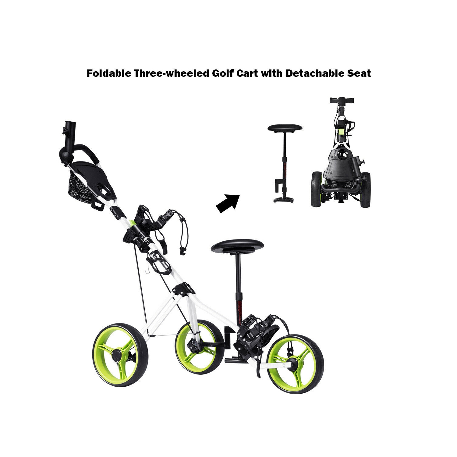 Costway Foldable 3 Wheel Push Pull Golf Club Cart Trolley w/ Seat Scoreboard Bag Swivel