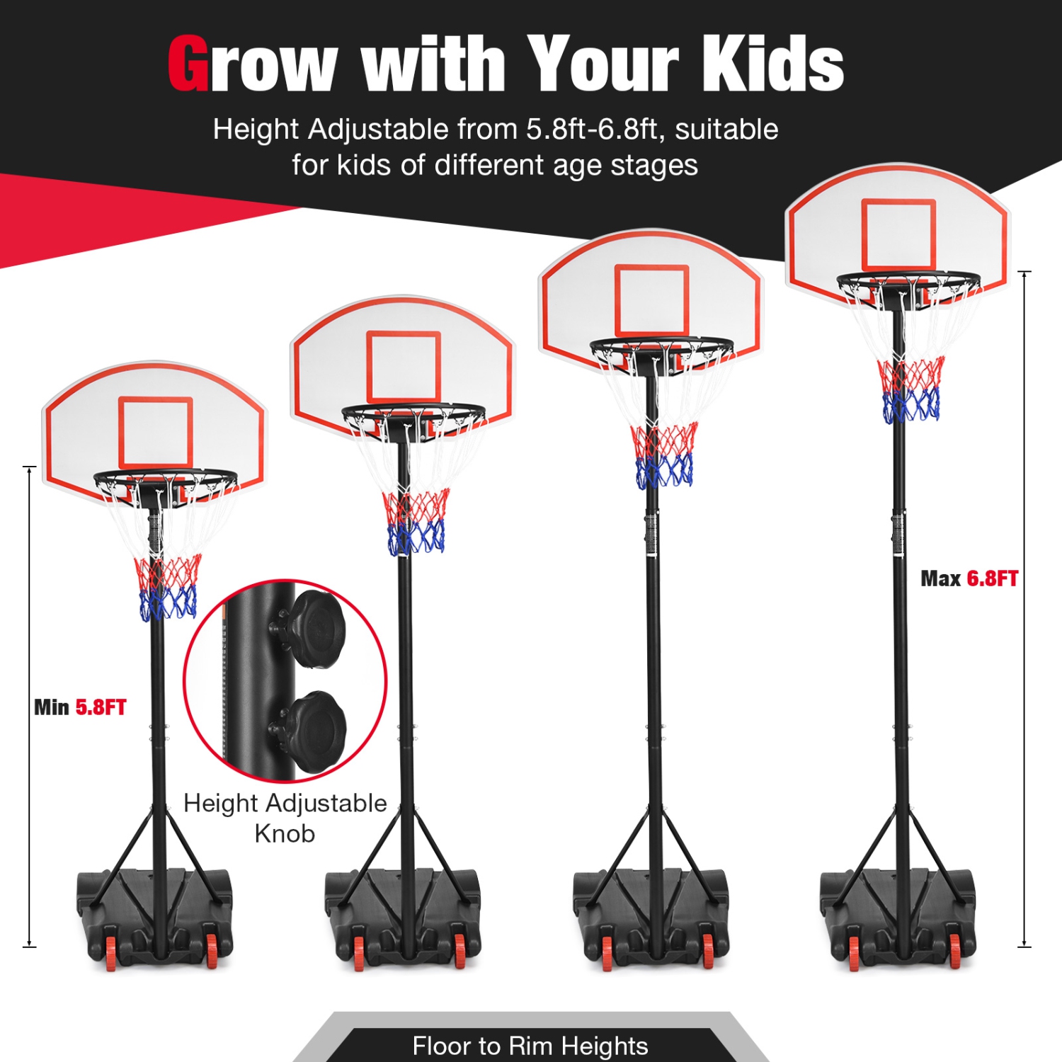 Système de basketball réglable 7,1FT-8,1FT de Costway avec 2 filets et roues d'intérieur d'extérieur