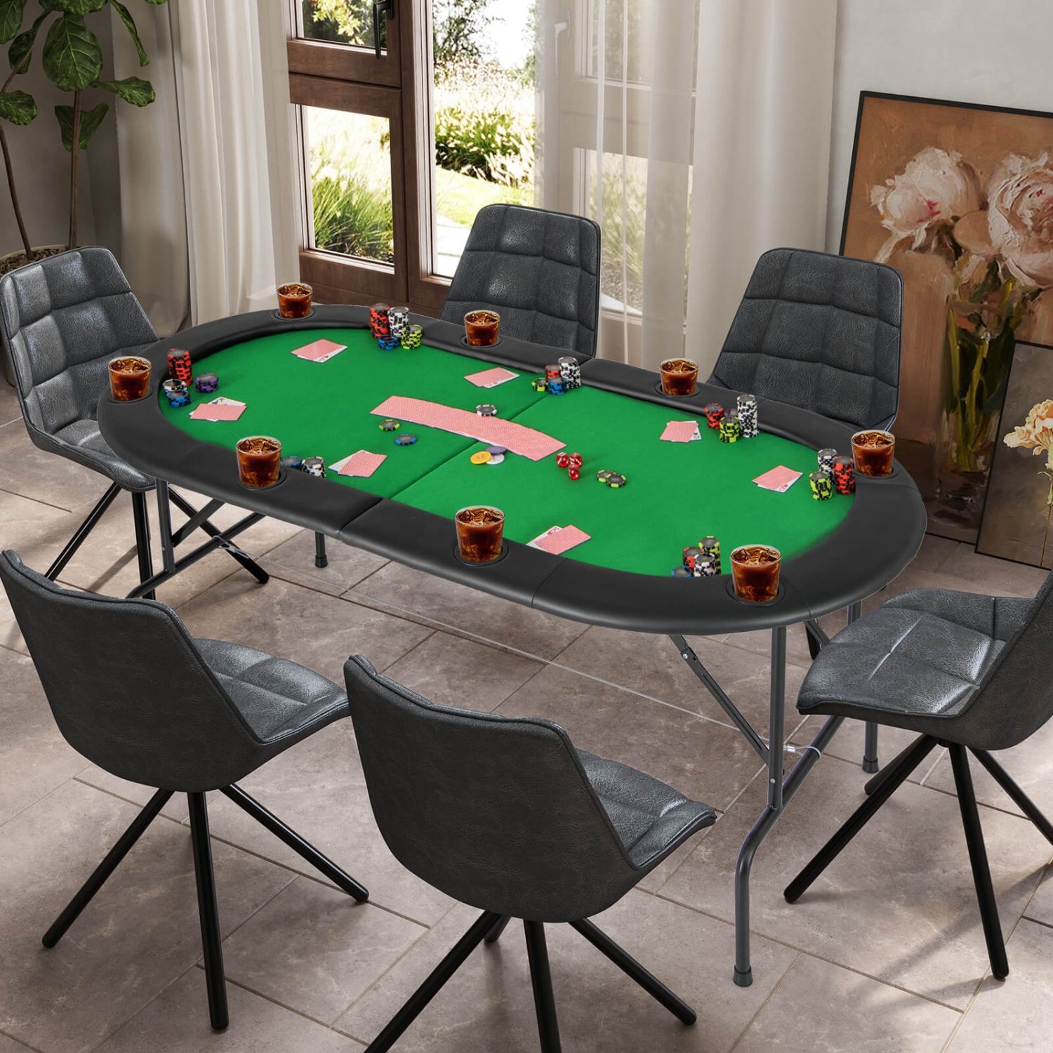 Table de poker 8 Players de Costway avec 8 porte-gobelets et accoudoirs confortables, surface lisse en feutre