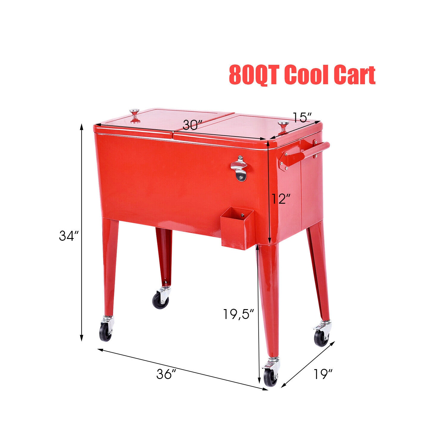 Costway Red Outdoor Patio 80 Quart Cooler Cart Ice Beer Beverage Chest Party Portable