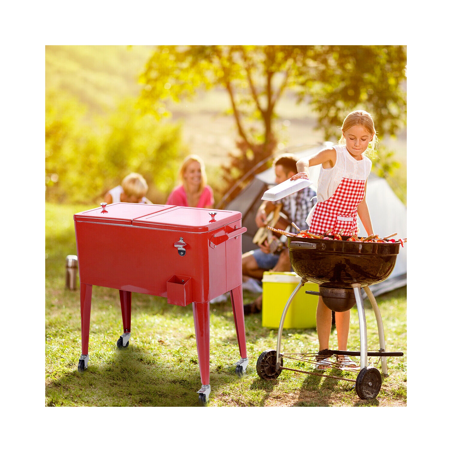 Costway Red Outdoor Patio 80 Quart Cooler Cart Ice Beer Beverage Chest Party Portable