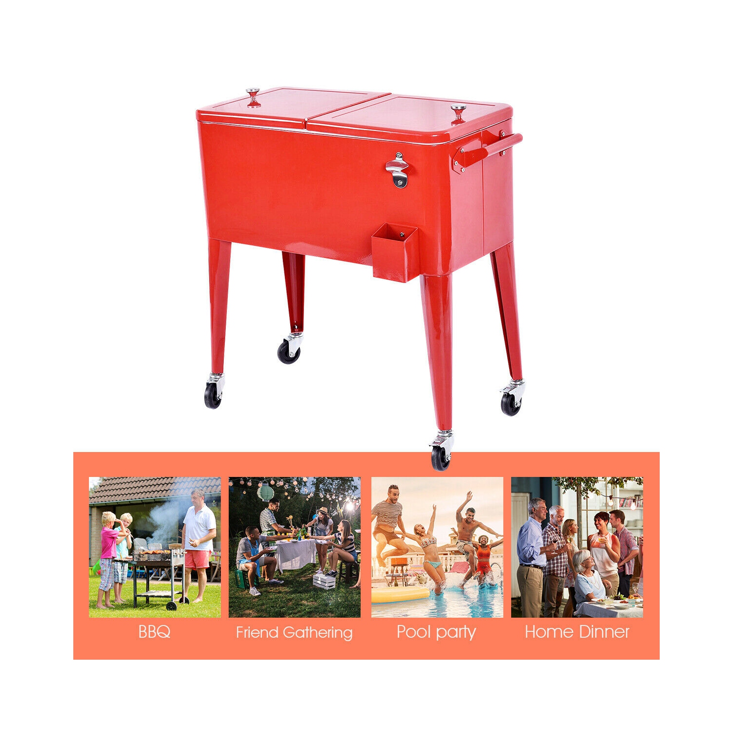 Costway Red Outdoor Patio 80 Quart Cooler Cart Ice Beer Beverage Chest Party Portable