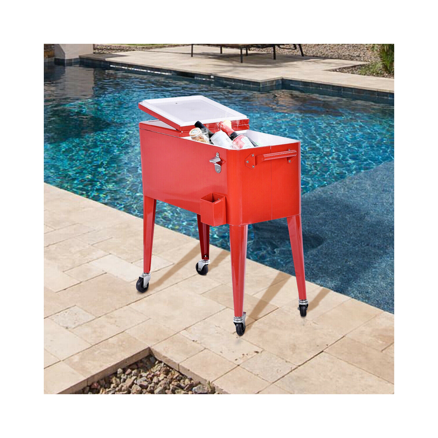 Costway Red Outdoor Patio 80 Quart Cooler Cart Ice Beer Beverage Chest Party Portable