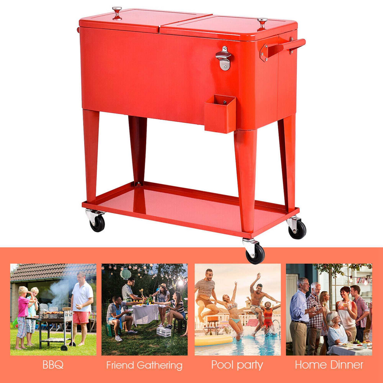 Costway 80-quart Cooler Beer Cart Outdoor Entertaining Rolling Party Steel Bar Bistro