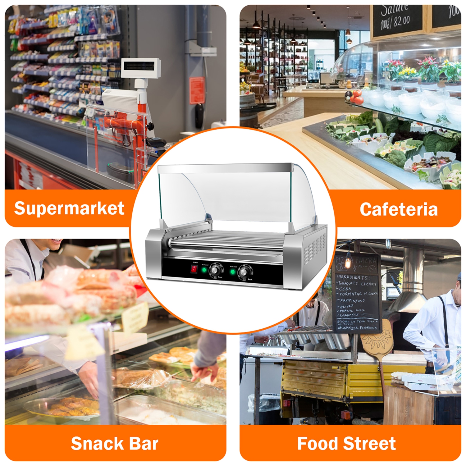 Grille Saucisses Électrique Inox 2200W avec 11 Rouleaux Chauffants Anti-adhésif, avec 2 Zones de Cuissons Distinctes Réglable de 0 à 250°C