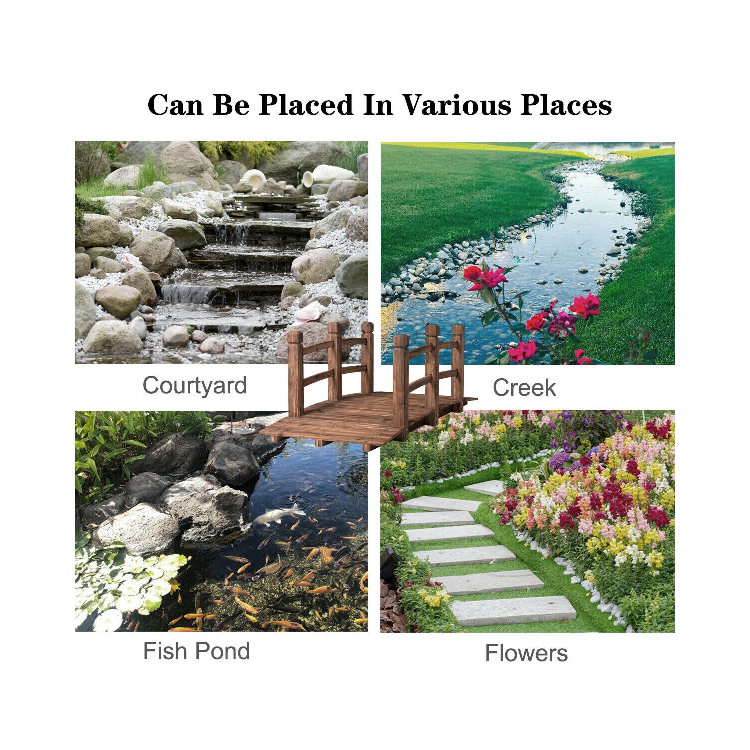 Arche décorative en bois massif pour étang de jardin avec pont en bois massif, 5 pi, fini teinté