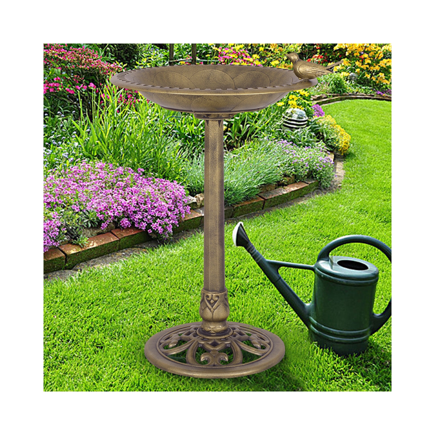 Costway Antique Gold Freestanding Pedestal Bird Bath Feeder Garden Yard Decor