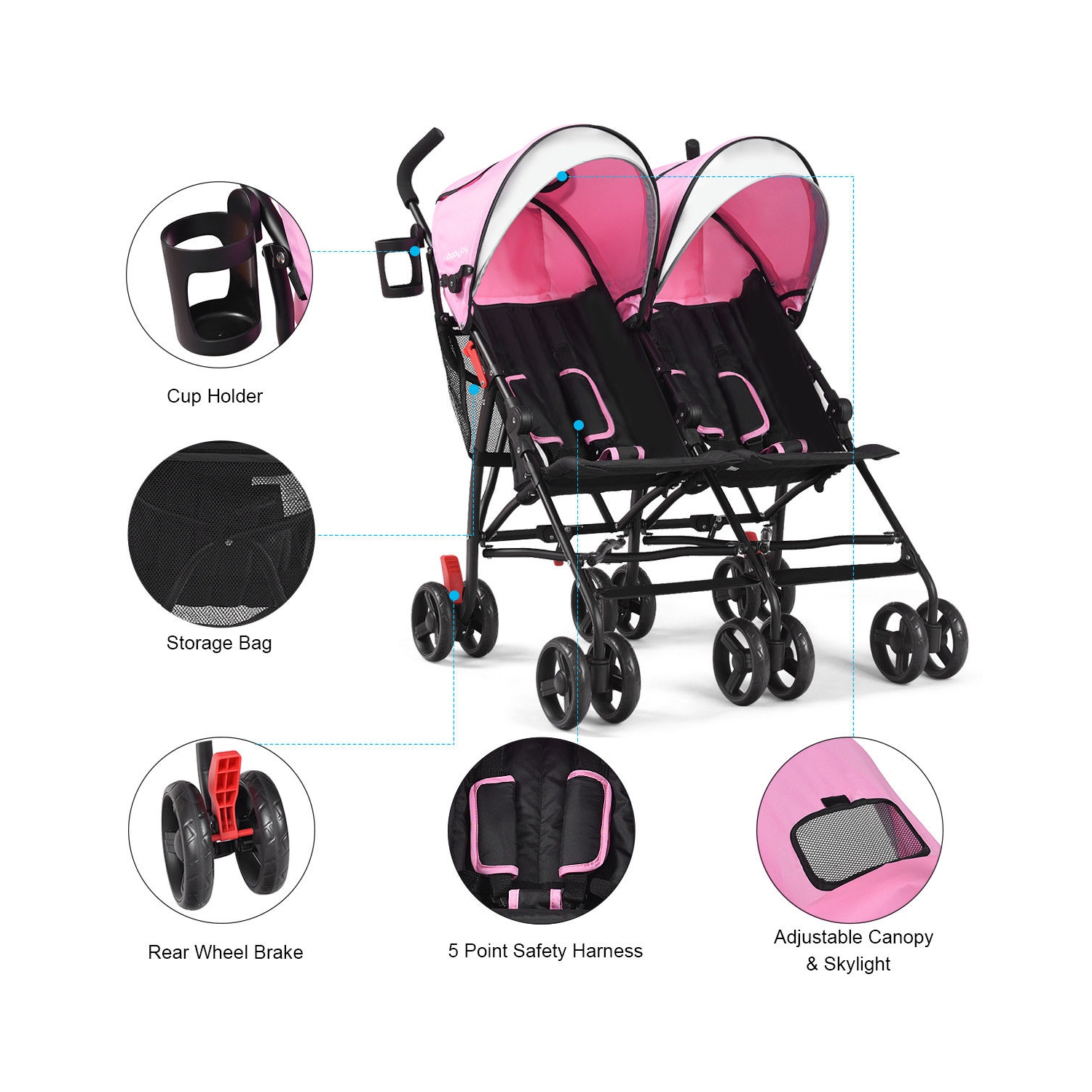 Twin Baby Double Stroller Kids Ultralight Umbrella Stroller Pushchair Pink