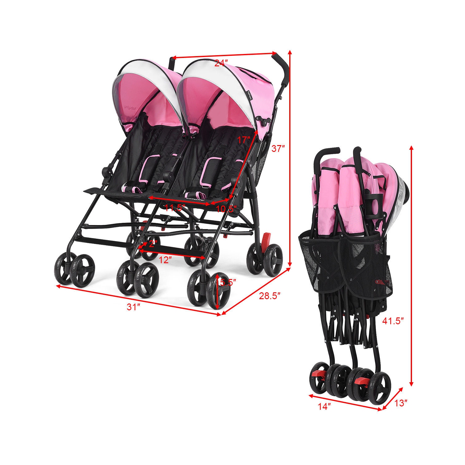 Twin Baby Double Stroller Kids Ultralight Umbrella Stroller Pushchair Pink